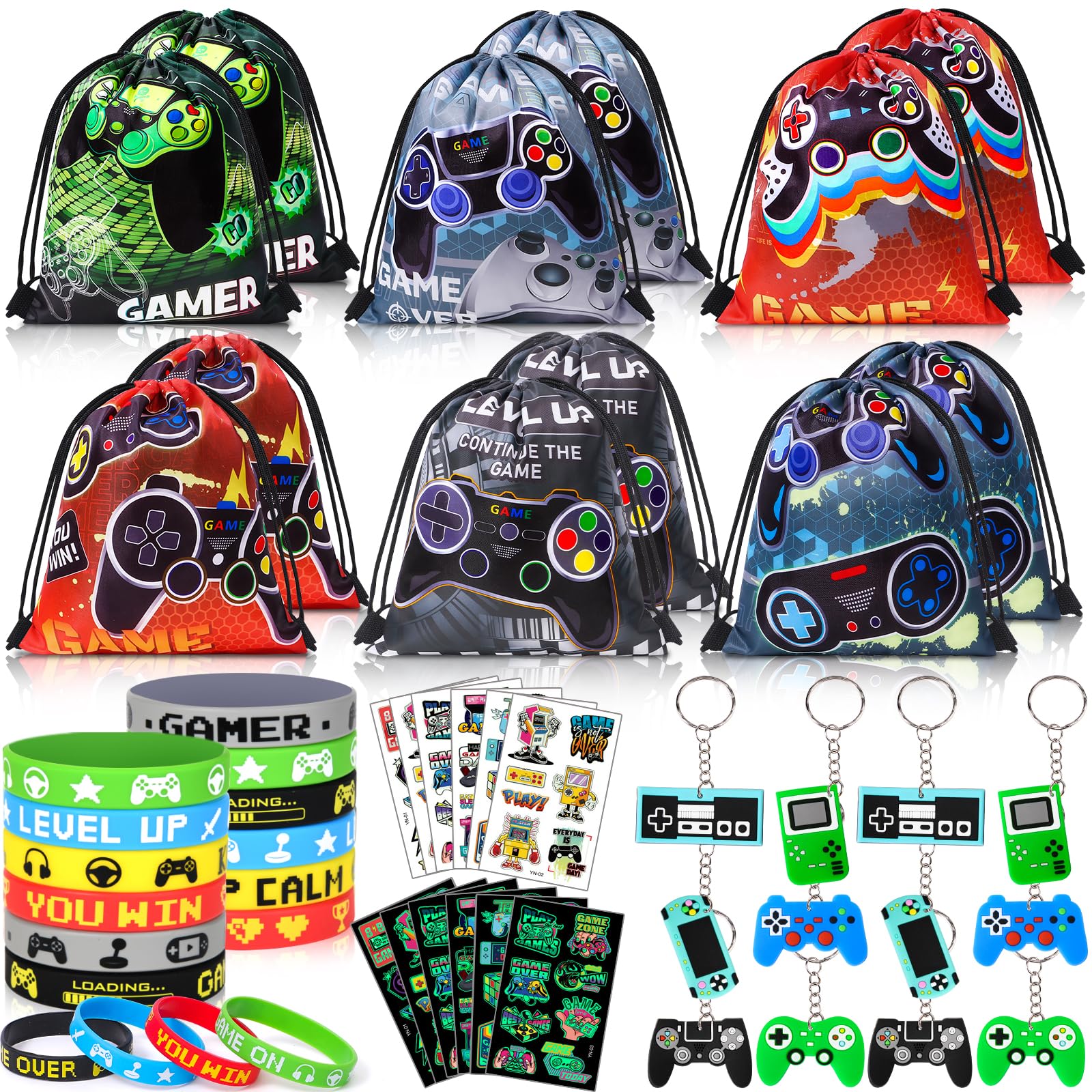 Winrayk 12 Sets Video Game Party Favors Gamer Birthday Supplies, Gaming Drawstring Bag Silicone Wristband Glow In The Dark Tattoos Keychain, Kid Game