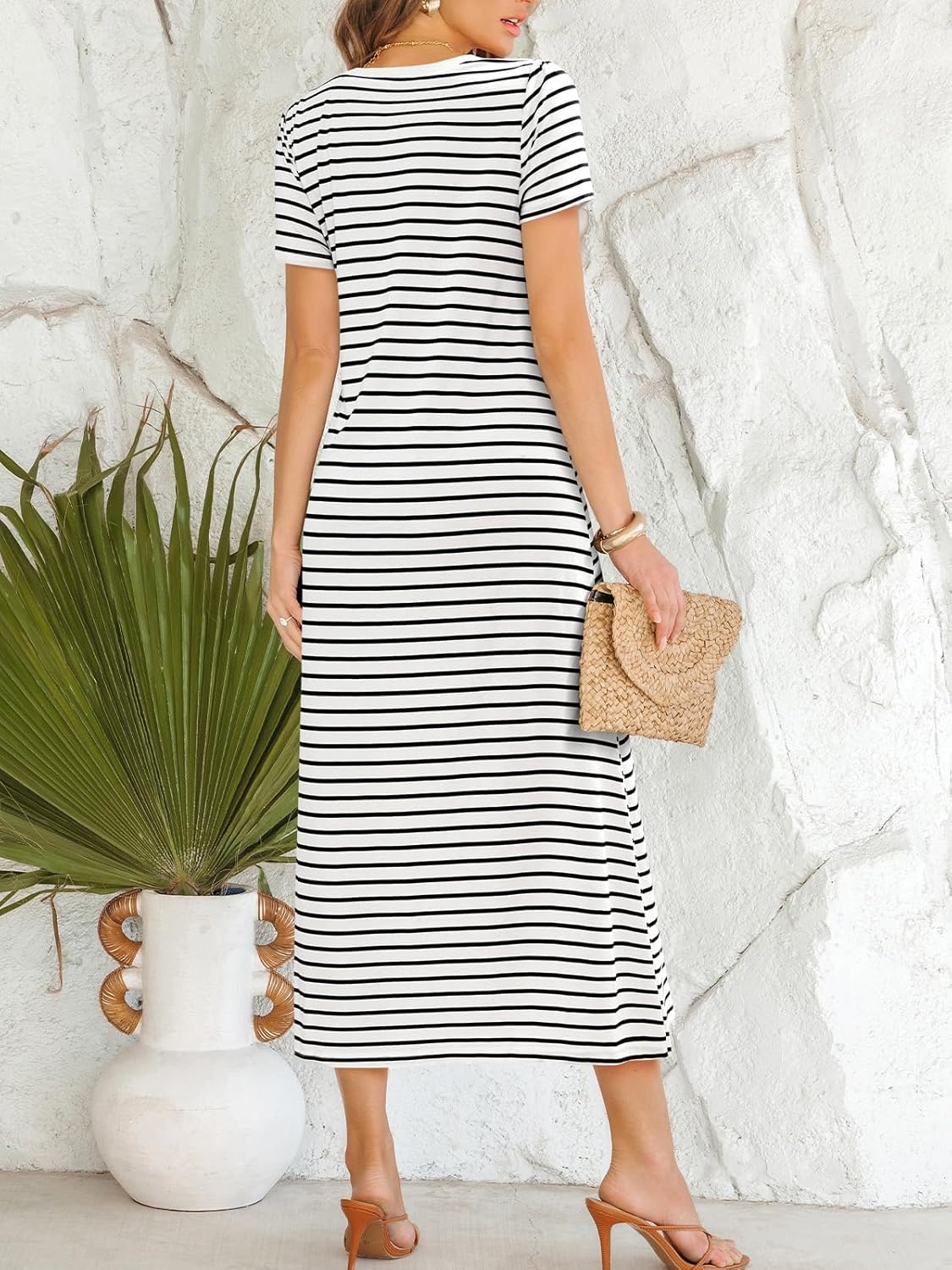 CUPSHE Women's Summer Striped Dresses Short Sleeve Tie Waist T Shirt Maxi Dress Casual Vacation Outfits - Image 5