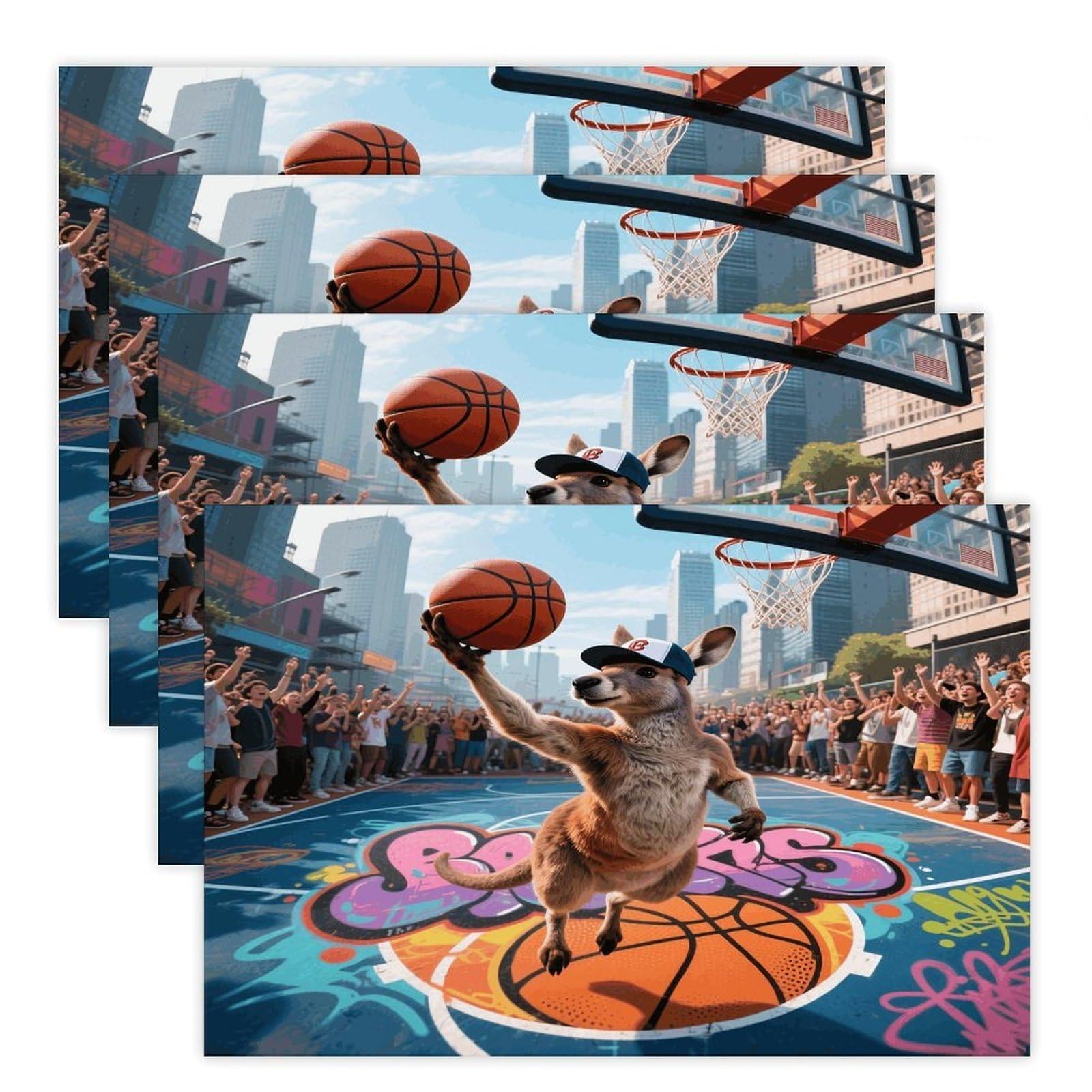 Kangaroo Dunking in Court Placemats Heat Resistant Non-Slip Place Mats Washable Wipeable Table Mat Kitchen Dining Table Decoration Placemats Indoor Outdoor Place Mats 17.7’’×11.8’’