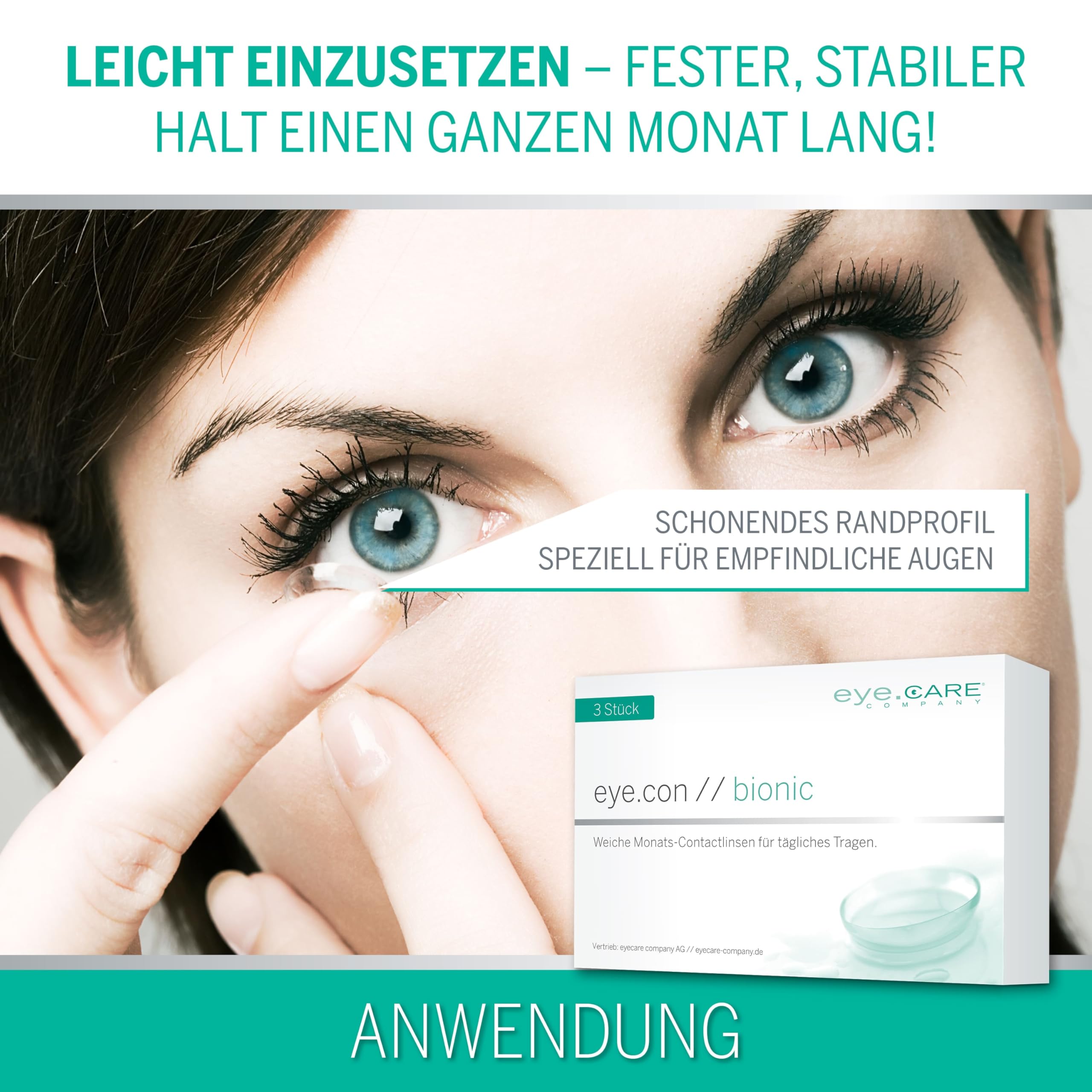 Eye.Con Bionic weiche Monatslinsen aus Bio-Hydrogel mit UV-Schutz – 3 Kontaktlinsen mit hoher Wasserbindung speziell für trockene Augen. Contact Lenses mit schonendem Randprofil für empfindliche Augen
