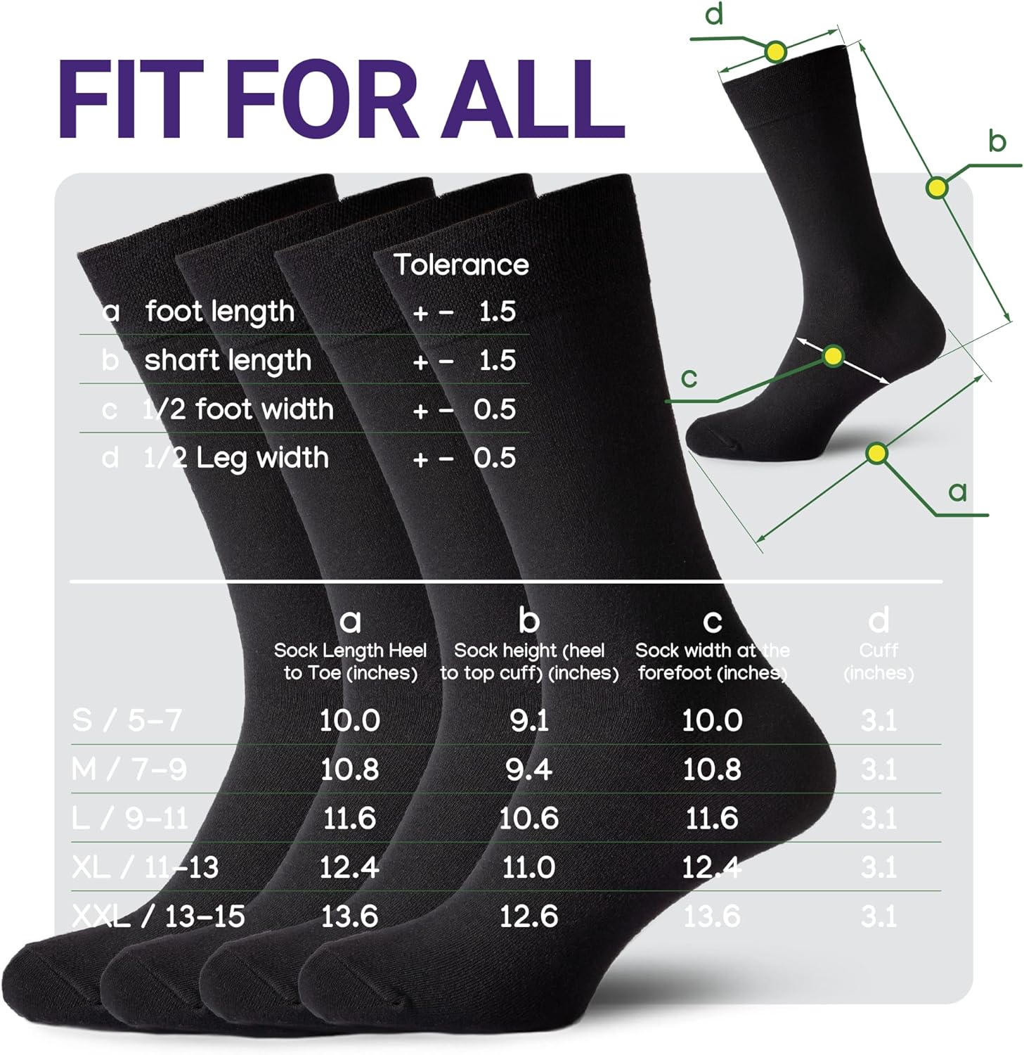 Duna Cotton Mens Black Dress Socks 4 Pairs - Super Soft and Breathable Daily Lightweight Crew Socks size 7-9, 10-12,13-15 - Image 7