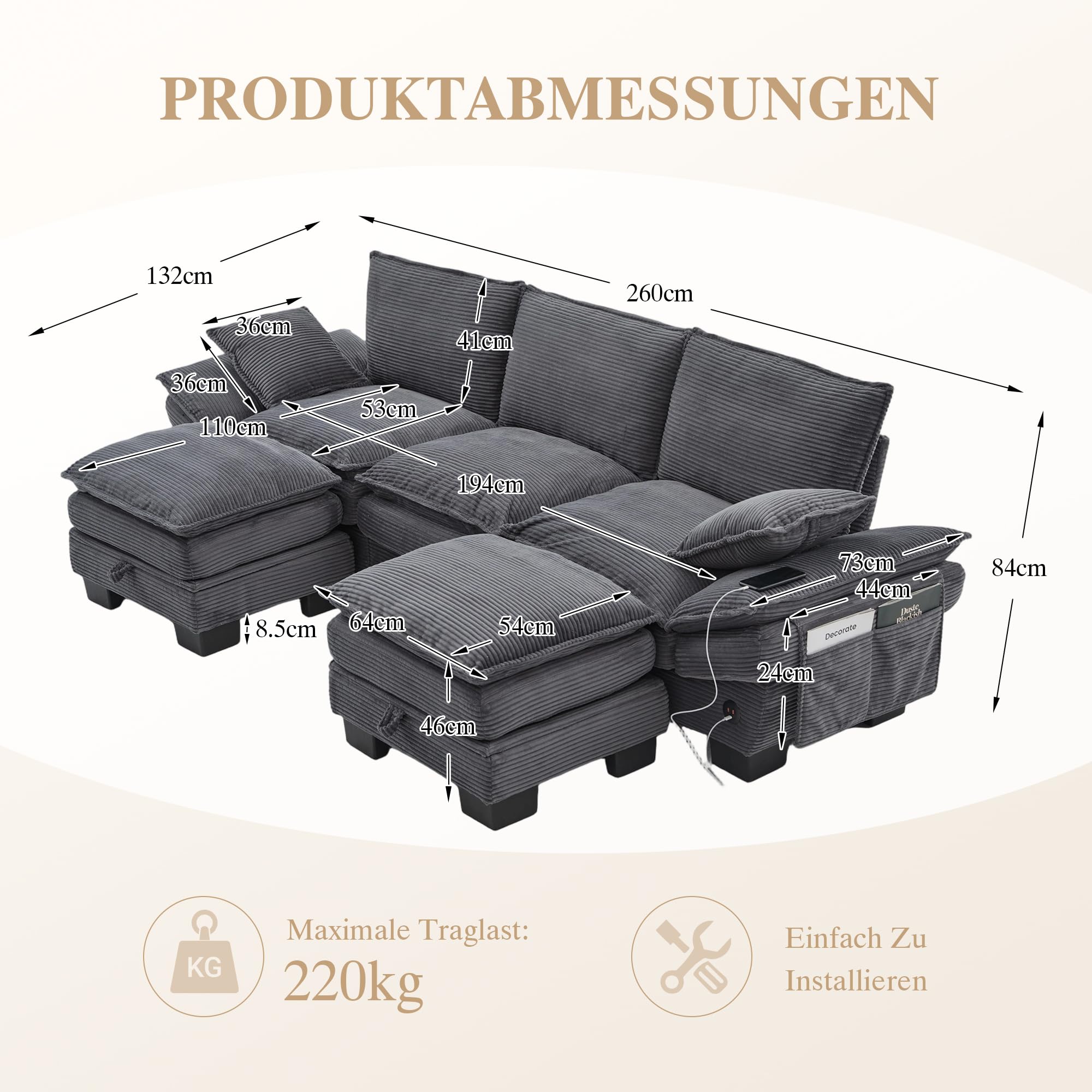 Generisch Modułowa 3-osobowa sofa ze sztruksu z 2 taboretami USB-C ciemnoszara