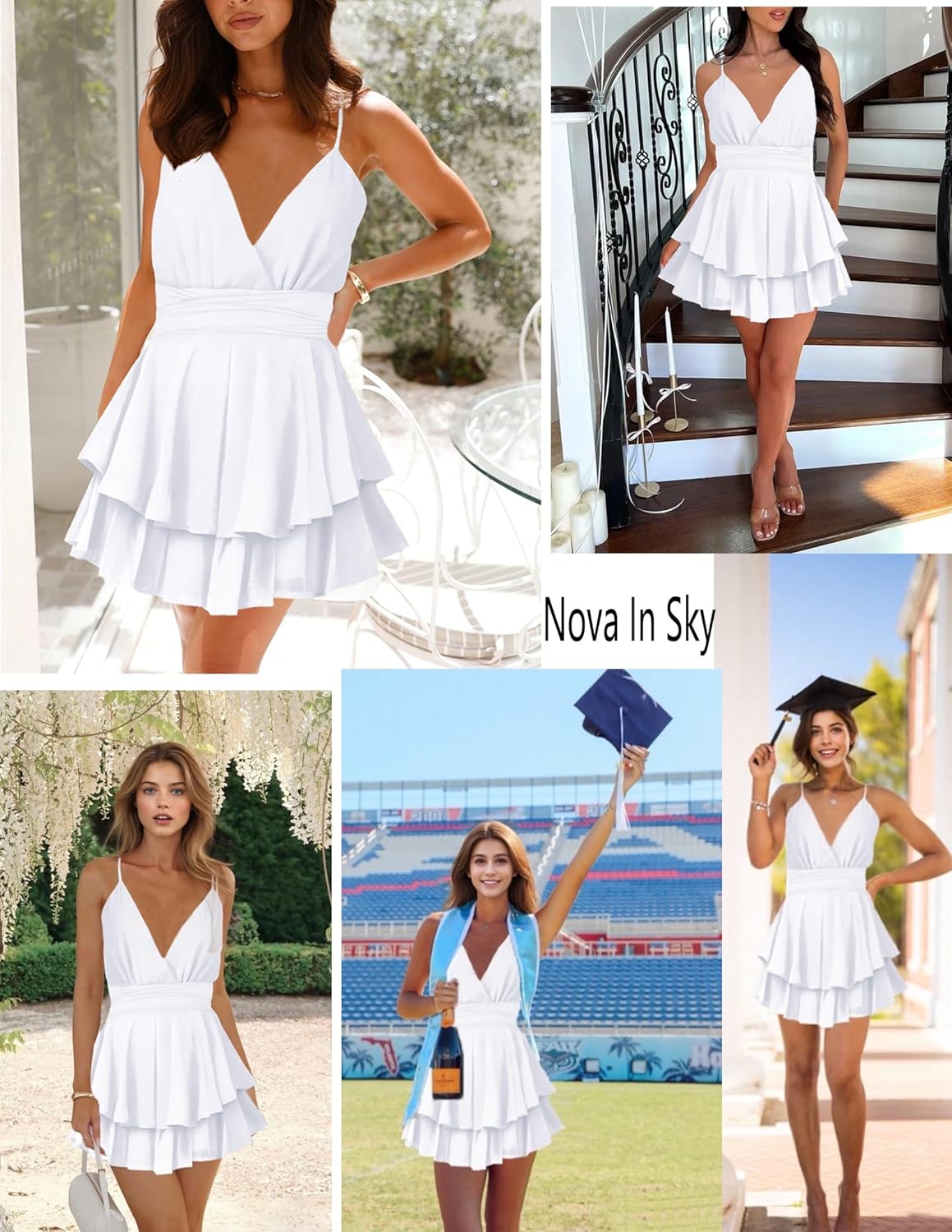Nova In Sky Womens Summer Dresses 2025 Flowy Boho V-Neck Beach Sundresses Spaghetti Strap Tiered Mini Swing Skater Dress - Image 6