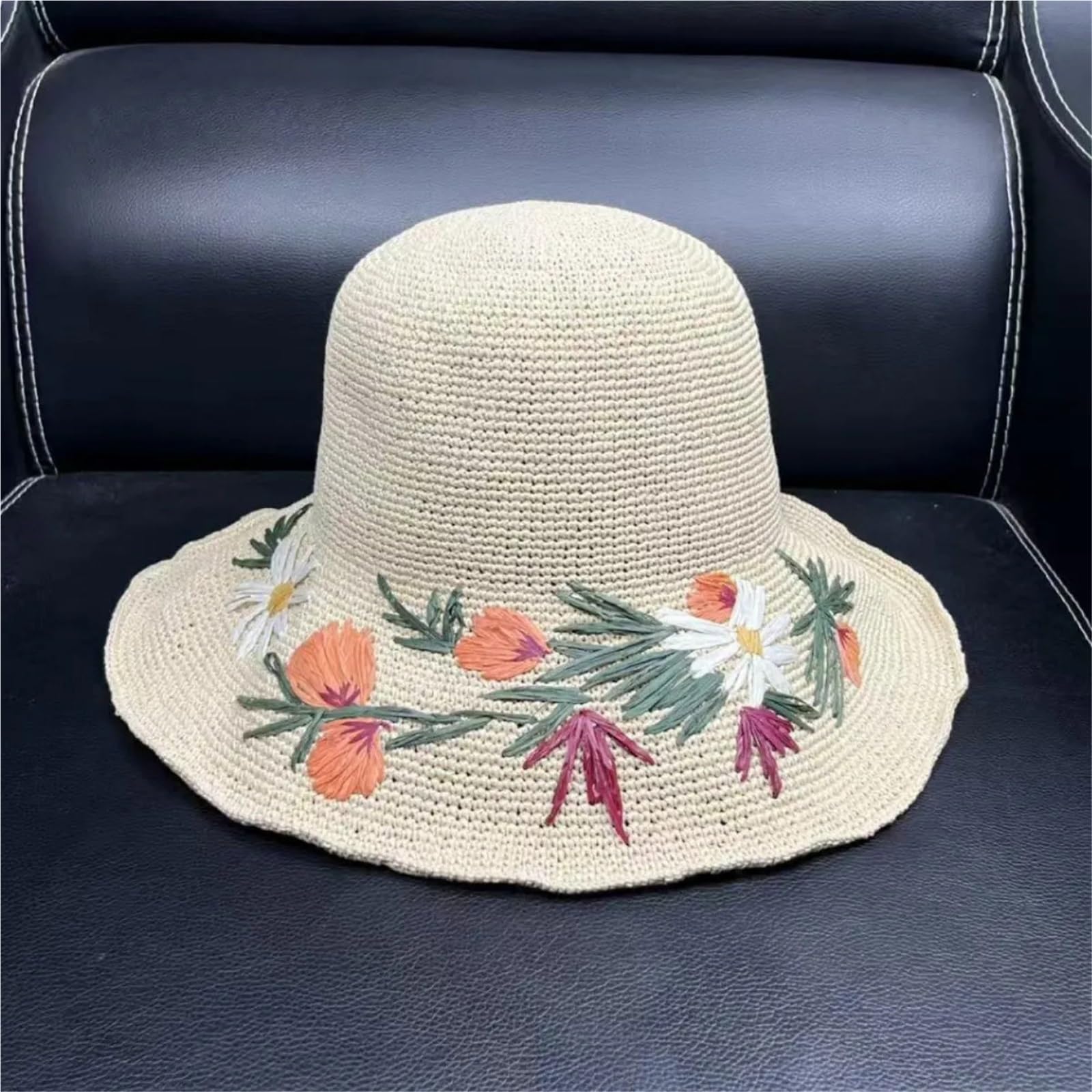 Sombrero de Paja Floral Bordado a Mano for Mujer Verano Viajes Vacaciones Playa Gorras Protección Solar para Viajes y Vacaciones