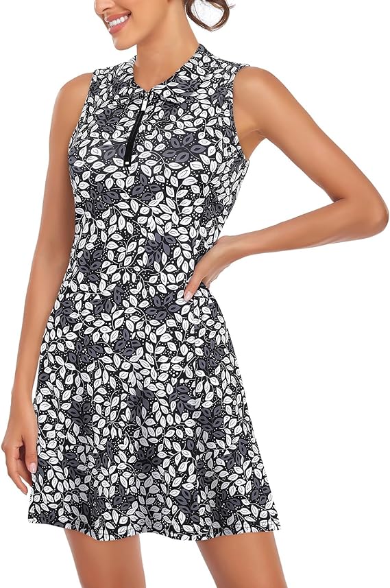  Damen Golfkleid mit Shorts. Ärmellos, mit Reißverschluss, weich, dehnbar und leicht, nicht durchsichtig, plissiert,  Rundhalsausschnitt.