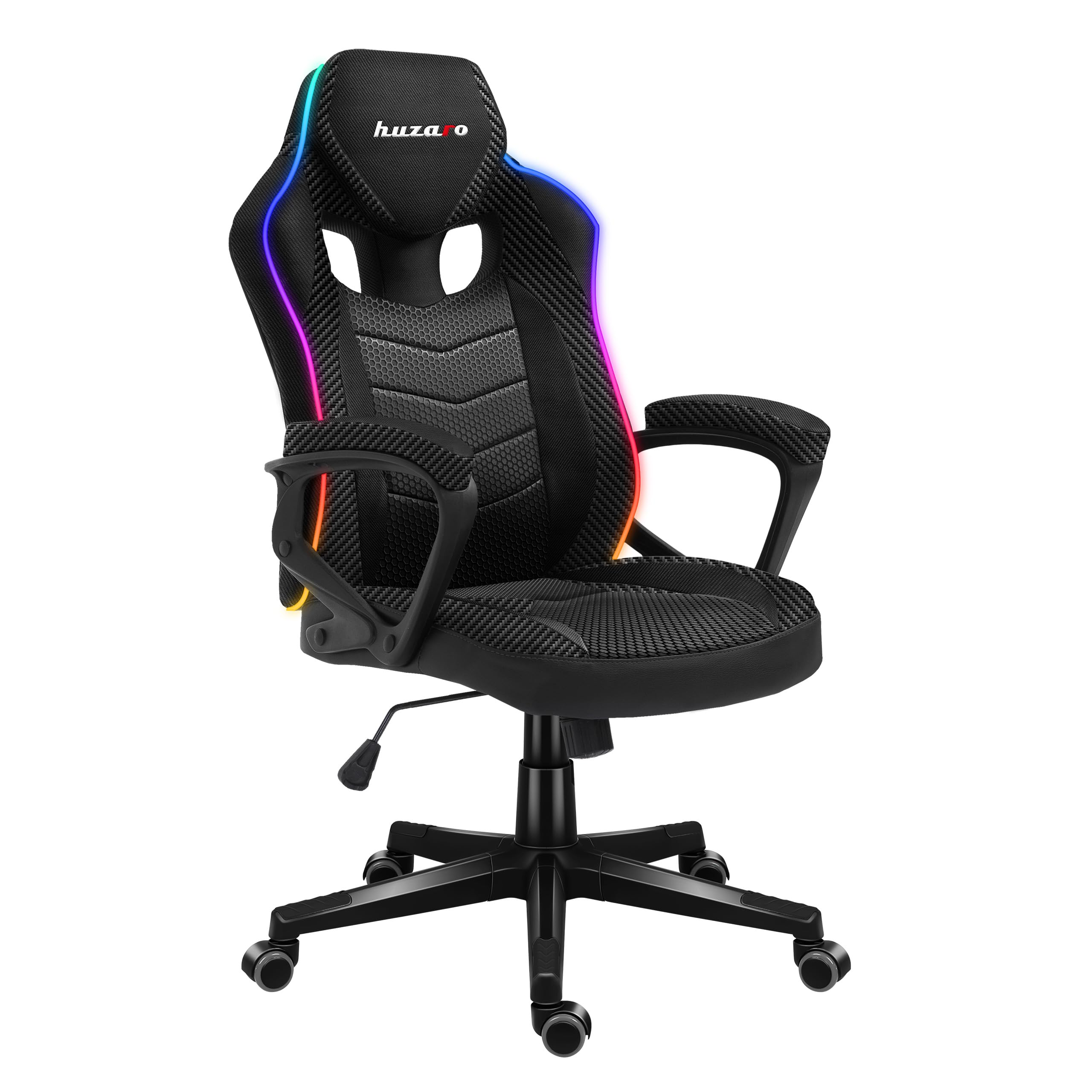 huzaro Force 2.5 Gaming Stuhl mit LED - ergonomischer Gaming Stuhl | RGB Beleuchtung mit Fernbedienung - Schreibtischstuhl Gaming mit Wippfunktion - SoftFlex - bis 130 kg - Schwarz Carbon