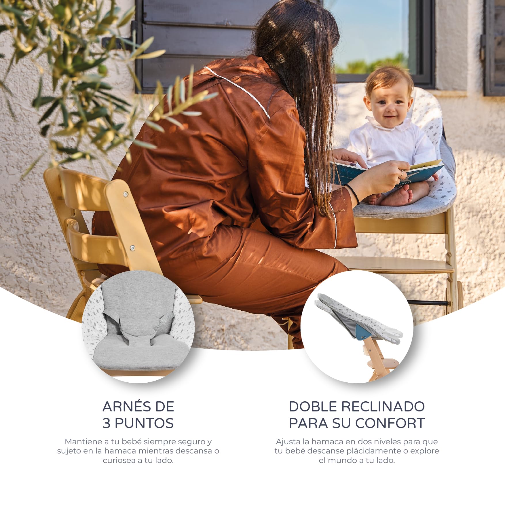 ms BabyWorld - FULL PLUS HAMACA - Trona para bebé de Madera FULL PLEGABLE + HAMACA | Evolutiva | Silla Alta | Ergonómica | Regulable | Segura | 2 posiciones de recinado