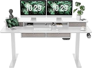 FEZIBO Sturdy Height Adjustable Electric Standing Desk with 4 Drawers, 55 x 24 Inch Stand Up Table with Large Storage Shelf, Sit Stand Desk, White Top
