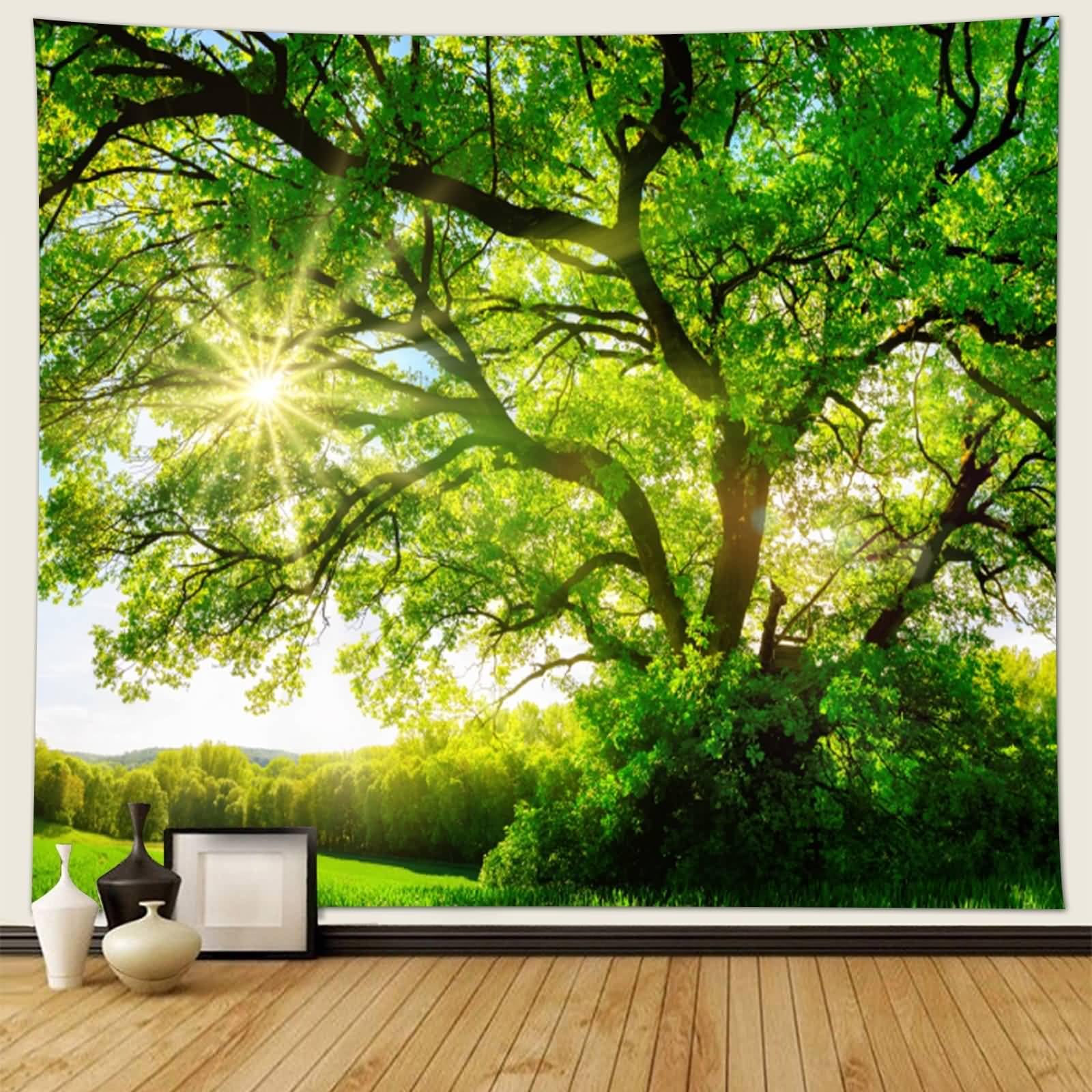 Musihy Landschaft Wandbehang Wandteppich, 350x256cm Grüner Baum Sonnenschein LandschaftWandbehang Dekoration für Wohnzimmer Schlafzimmer & Schlafsaal, Grün