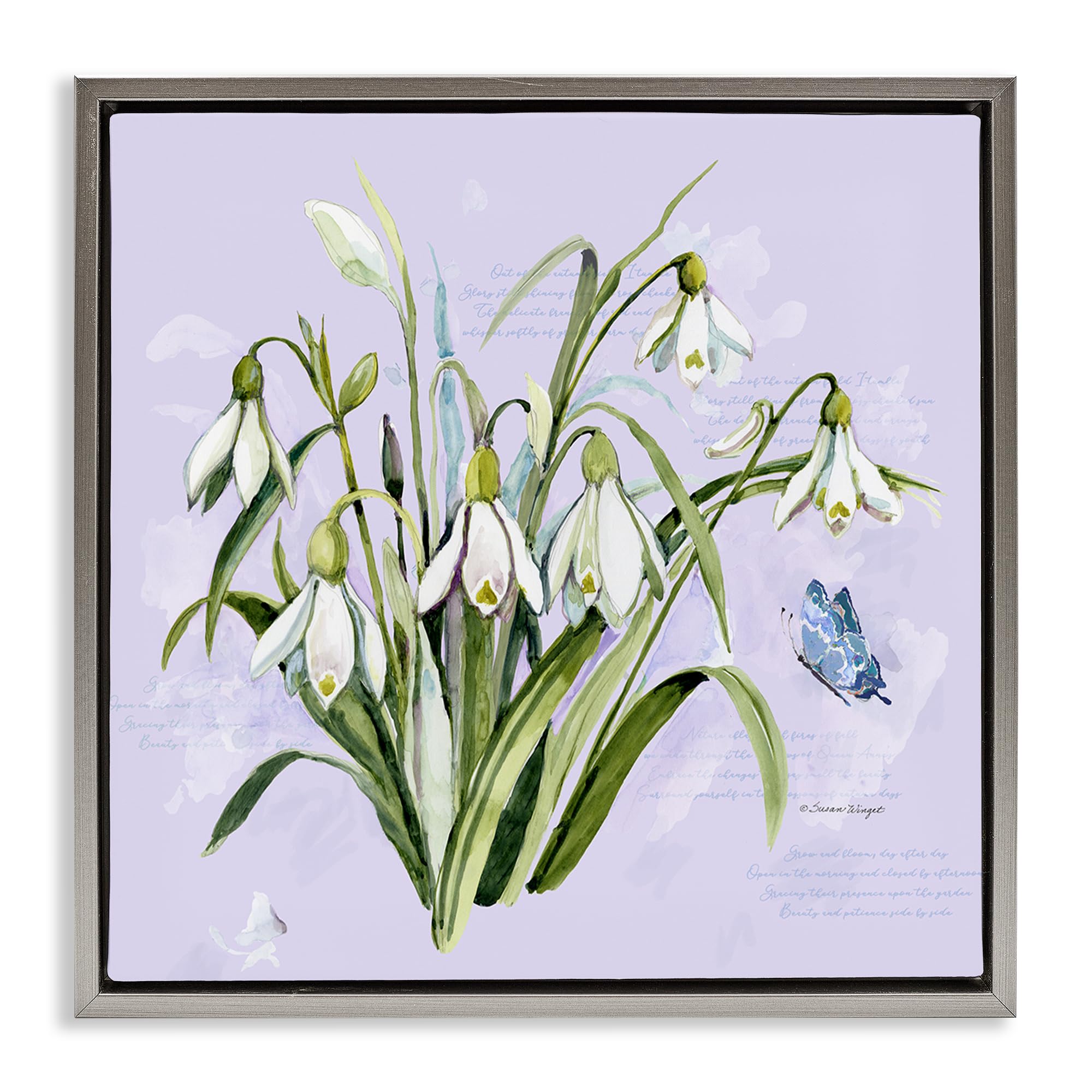 Stupell Industries Luster Gray (Matte) 'Snowdrops With Vintage Writings'| Floating Frame Canvas Art