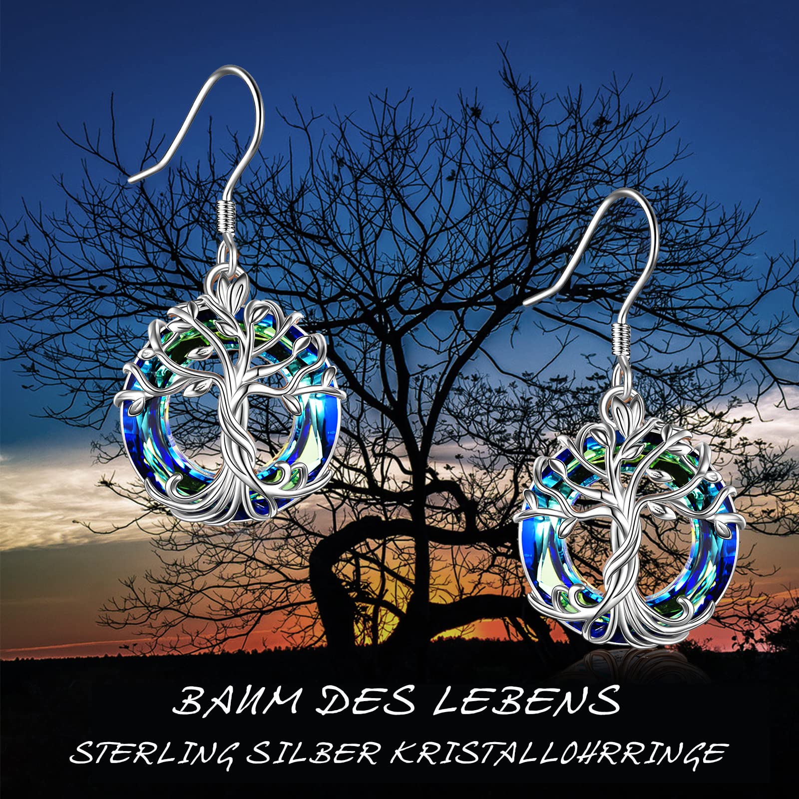 TOUPOP Orecchini pendenti a forma di albero della vita, in argento Sterling, con cerchio di cristallo, idea regalo per donne, adolescenti, compleanni, argento Sterling, cristalli, Argento sterling,