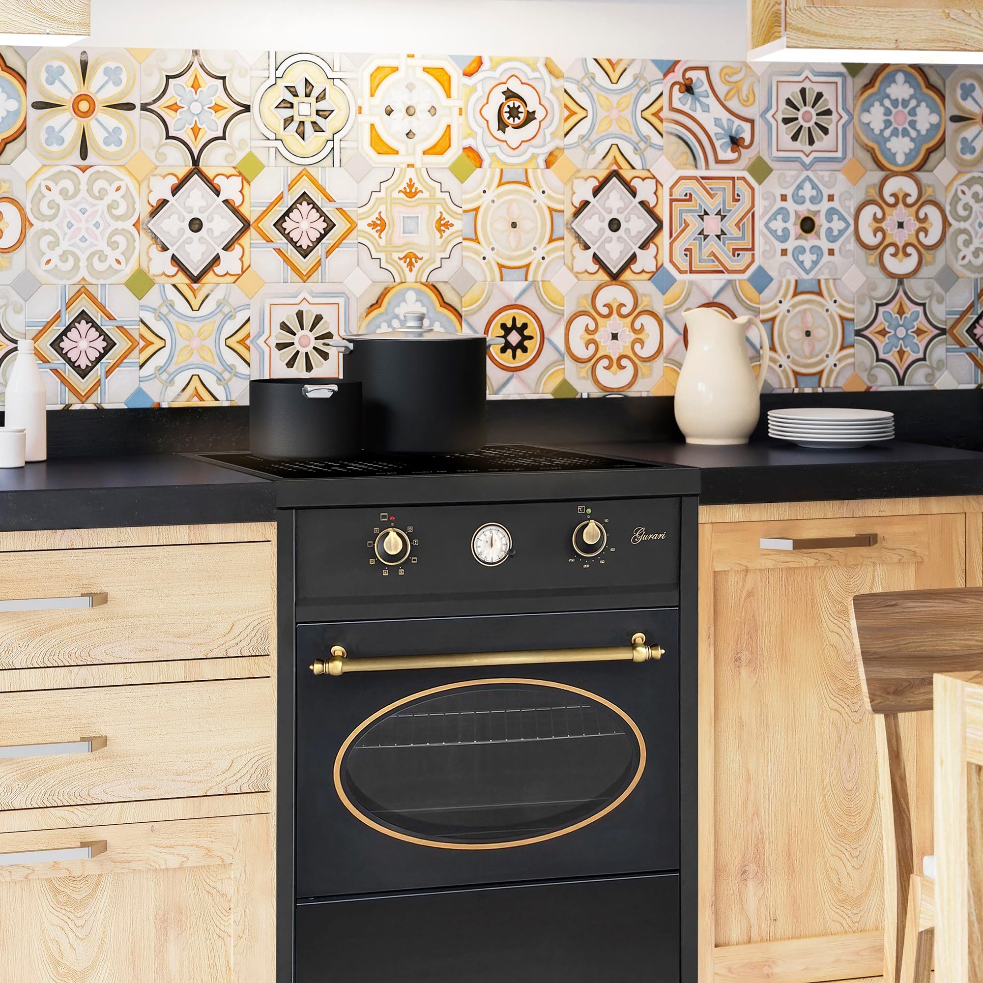 GURARI Cuisinière à Induction 60 cm GCH E 612 Bl r Avec Four et Plaque de Cuisson en Fonte | Retro Range Coocker 4 Zones | Air Chaud | Grill