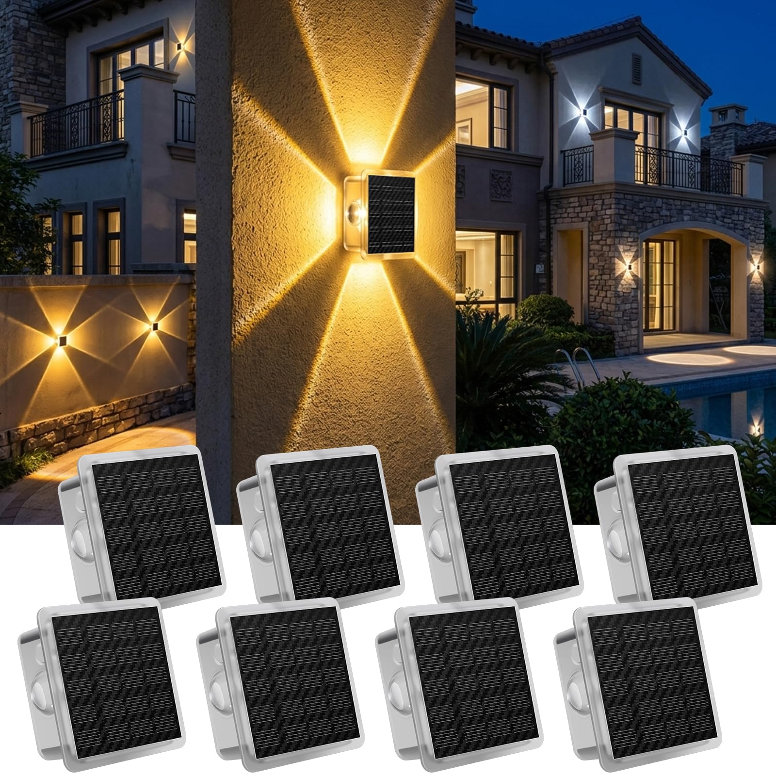 AUDLES Solar-Zaunleuchten für den Außenbereich, 4-Wege-Beleuchtung, solarbetrieben mit 3 Modi, 3000 K/4000 K/6000 K, IP65 wasserdichte Solar-Wandleuchte für Hinterhof, Wand, Weg, Terrasse, Dekoration