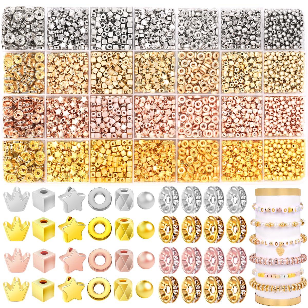 JOISHOP 1700PCS Gold Spacer Beads Bracelet Making Kit, 7 Styles Gold Silver Star Spacer Loose Beads for Bracelet Jewelry Making Crafts for Adults (3mm-7mm)