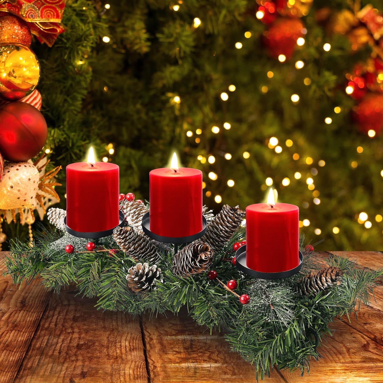 PICKBEAU Christmas Decoration Candle Holder with 3 Candles