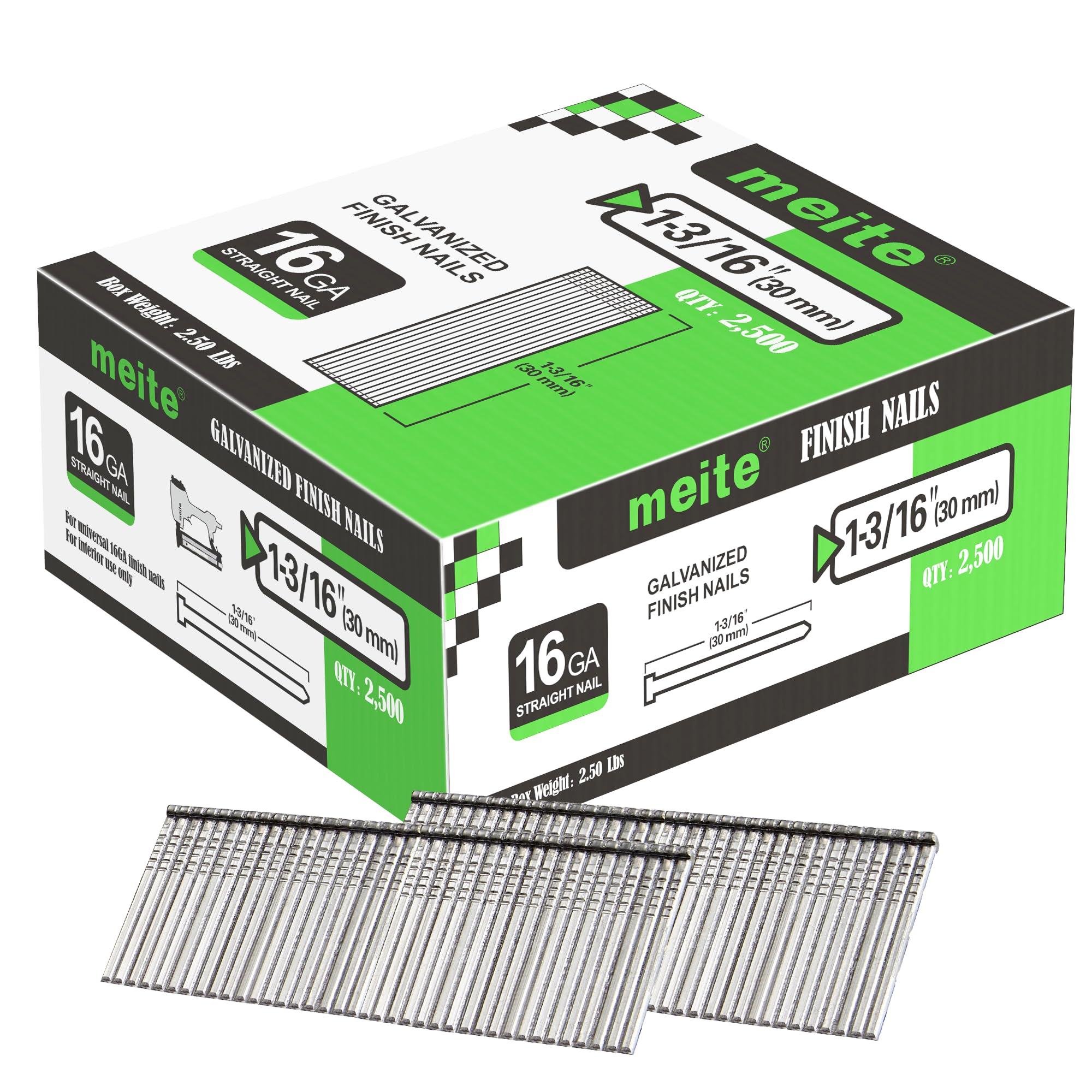 meite 16 Gauge Finish Nails 1-3/16IN Galvanized Straight T-Nails 2,500 PCS