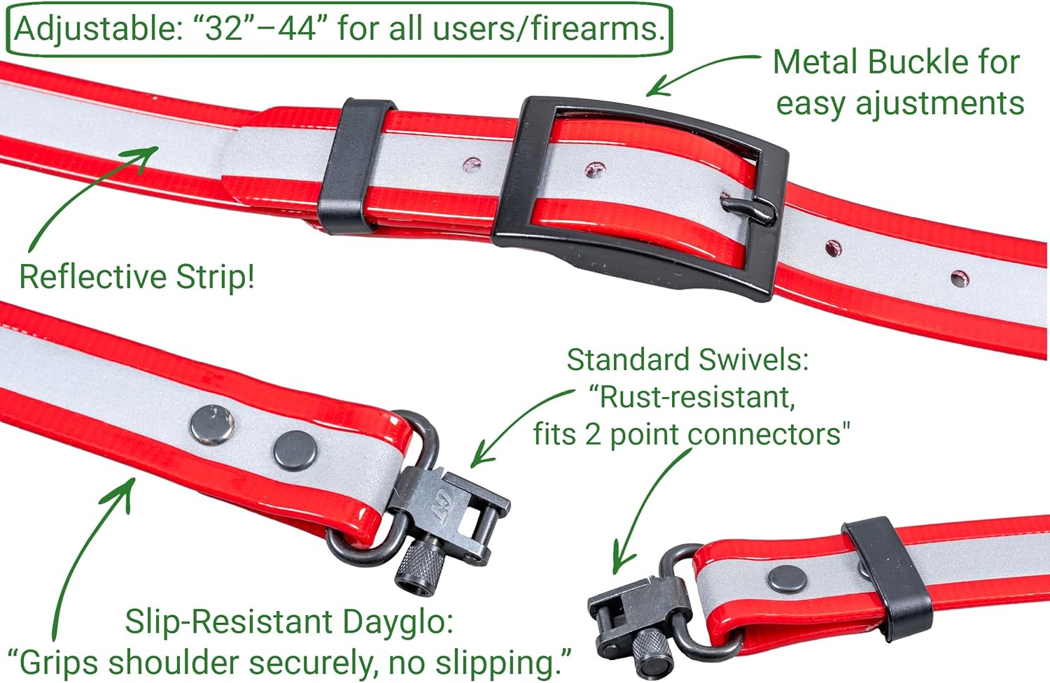 Dan's Hunting Gear, Dayglo Reflective Gun Sling, Slip-Resistant 2 Point Sling, Adjustable 32"-44” with Standard Swivels, Durable for Rifles, Shotguns, Crossbows, Made in USA