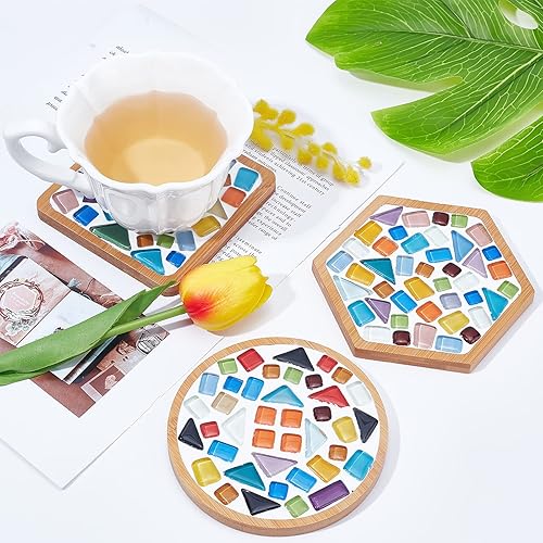Miniatura 5 de WEBEEDY Juego de 3 azulejos de mosaico de vidrio con posavasos de bambú, posavasos de mosaico, kit de manualidades, kit de fabricación de posavasos
