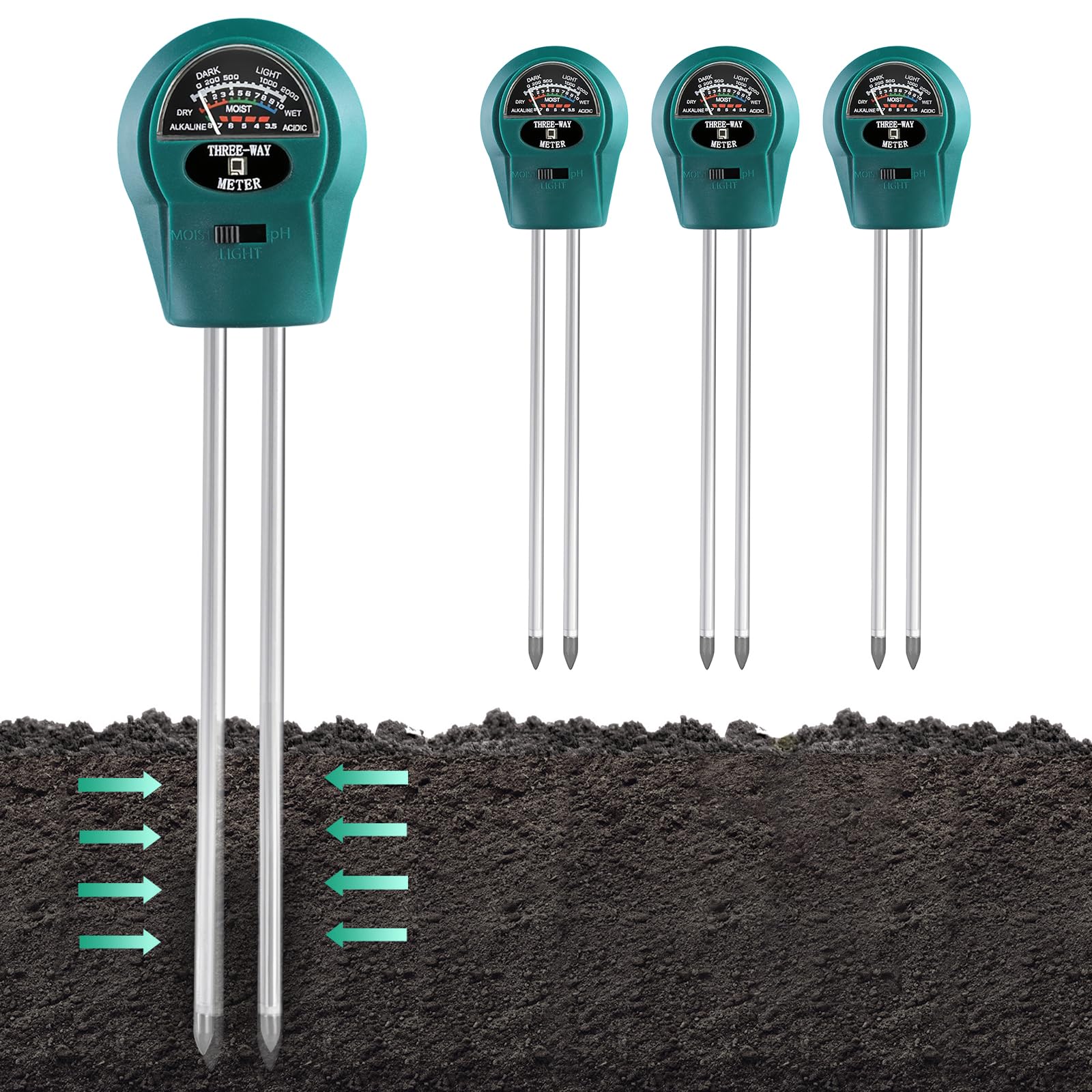 Boden-Feuchtigkeitsmesser 3‑in‑1 (pH/Feuchtigkeit/Licht) für Garten, Rasen & Außenpflanzen – Bodentester, 3 Stück