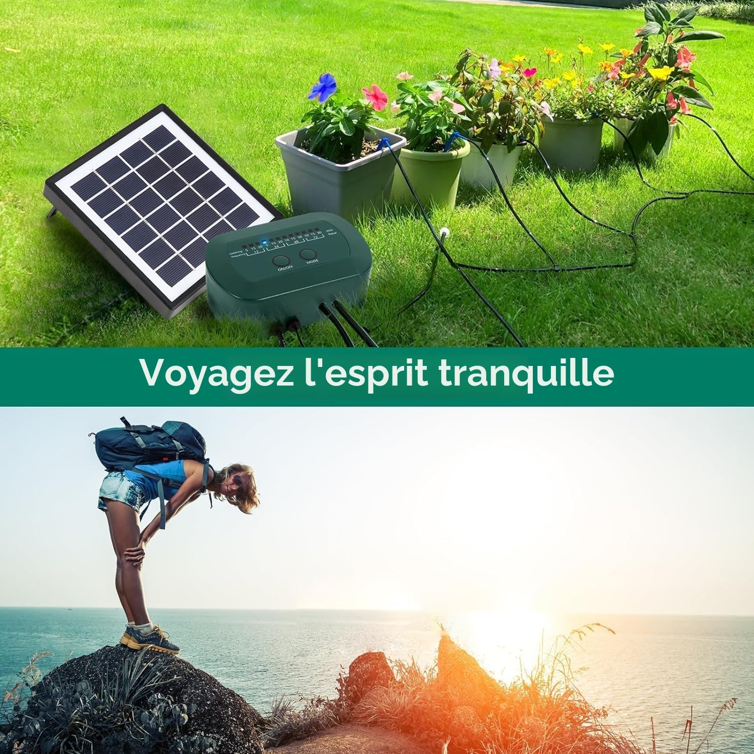 Système d'irrigation solaire, goutte-à-goutte automatique, design anti-siphon pour plantes en pot, serre, 12 modes de minuterie, appareil d'arrosage de plantes + tuyau de 15 m