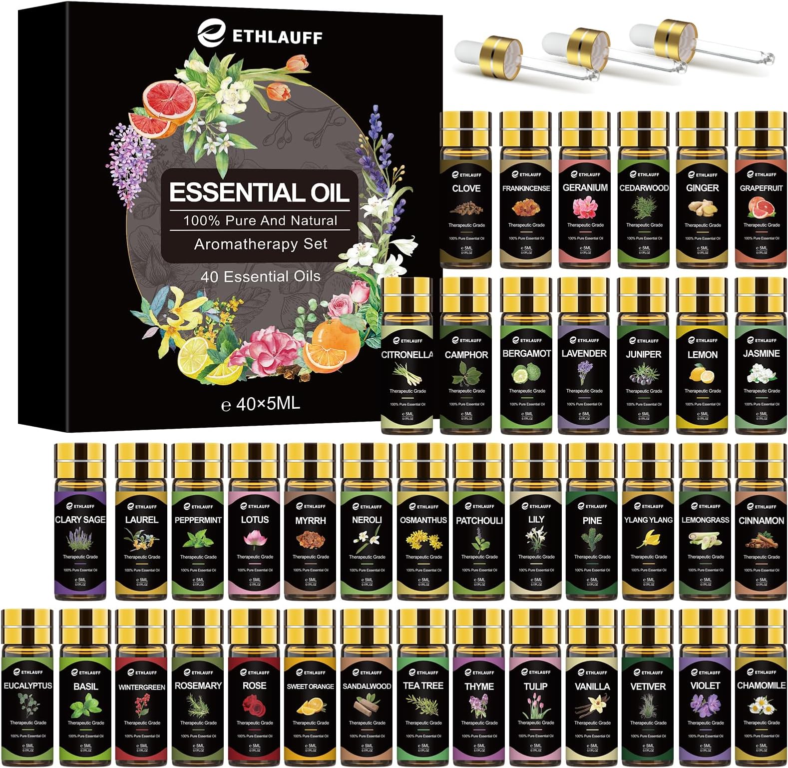Essential Oils Set 40 Pcs, Essential Oils Perfect for Diffuser, Fragrance Oil Set for Massage, Soap, Candle Bath Bombs Making (5ml)