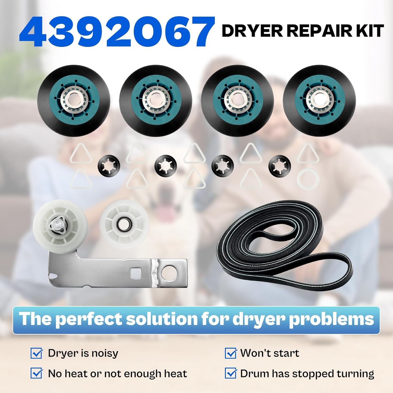 WPW10314173 W10837240 4392067 Dryer Repair Kit for Whir-lpool & Ma-ytag Dryers (Bravos XL, Cabrio, Duet), Includes Drum Roller, Belt & Idler Pulley for Easy Repair