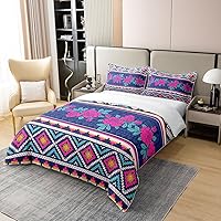 Vista 3 de Juego de ropa de cama 100% algodón con rosas, funda de edredón estilo bohemio de tamaño full, estampado floral púrpura étnico, funda de edredón