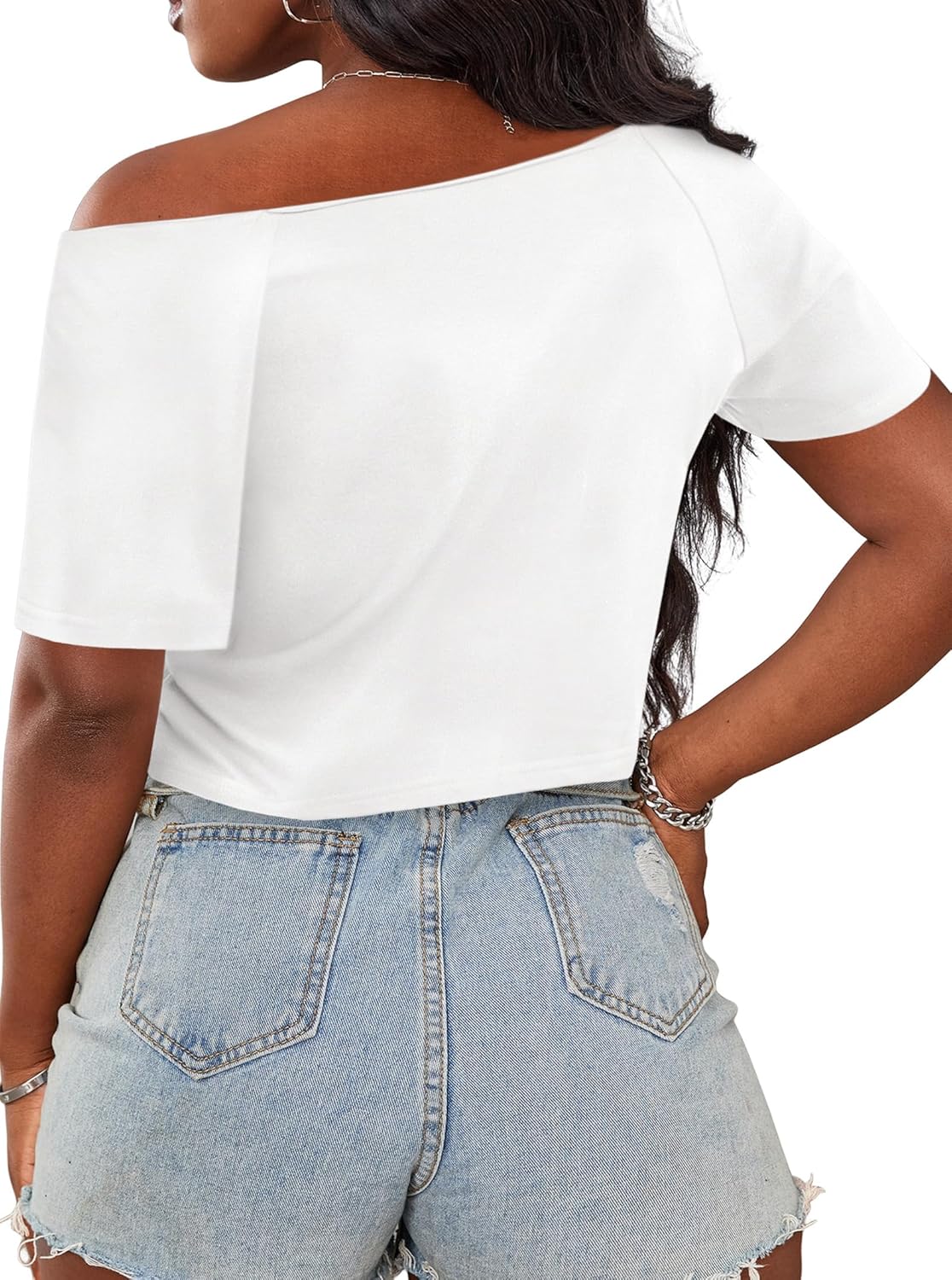 Hilinker Women Off The Shoulder Crop Tops Sexy Cut Out Ripped Short Sleeve Cropped T Shirts - Image 5
