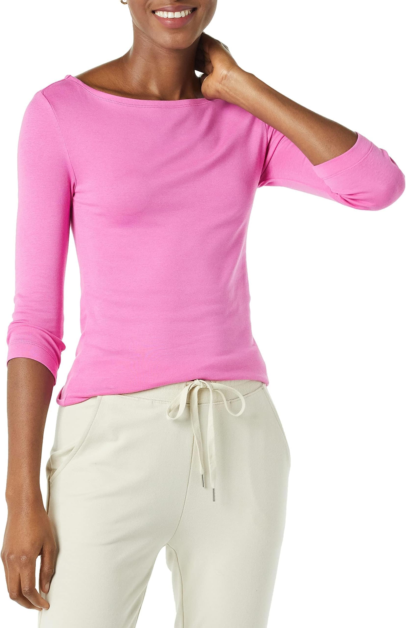Women's Slim-Fit 3/4 Sleeve Boat Neck Cotton Modal Micro Rib T-Shirt