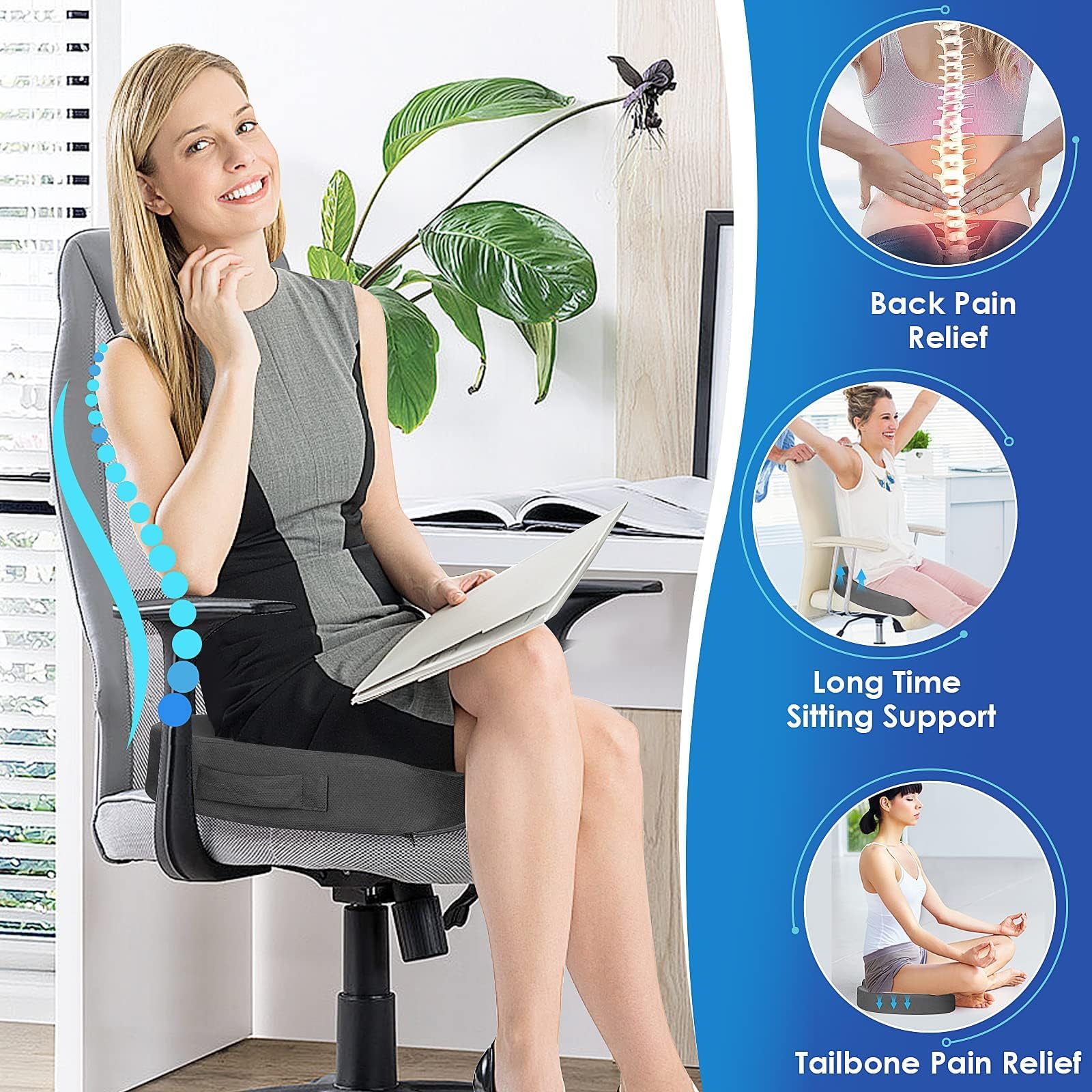 TushGuard Cojín de asiento para silla de oficina, espuma viscoelástica, antideslizante, cojín para respaldo de silla de escritorio, coxis, ciática, alivio del dolor de coxis, almohada para silla de