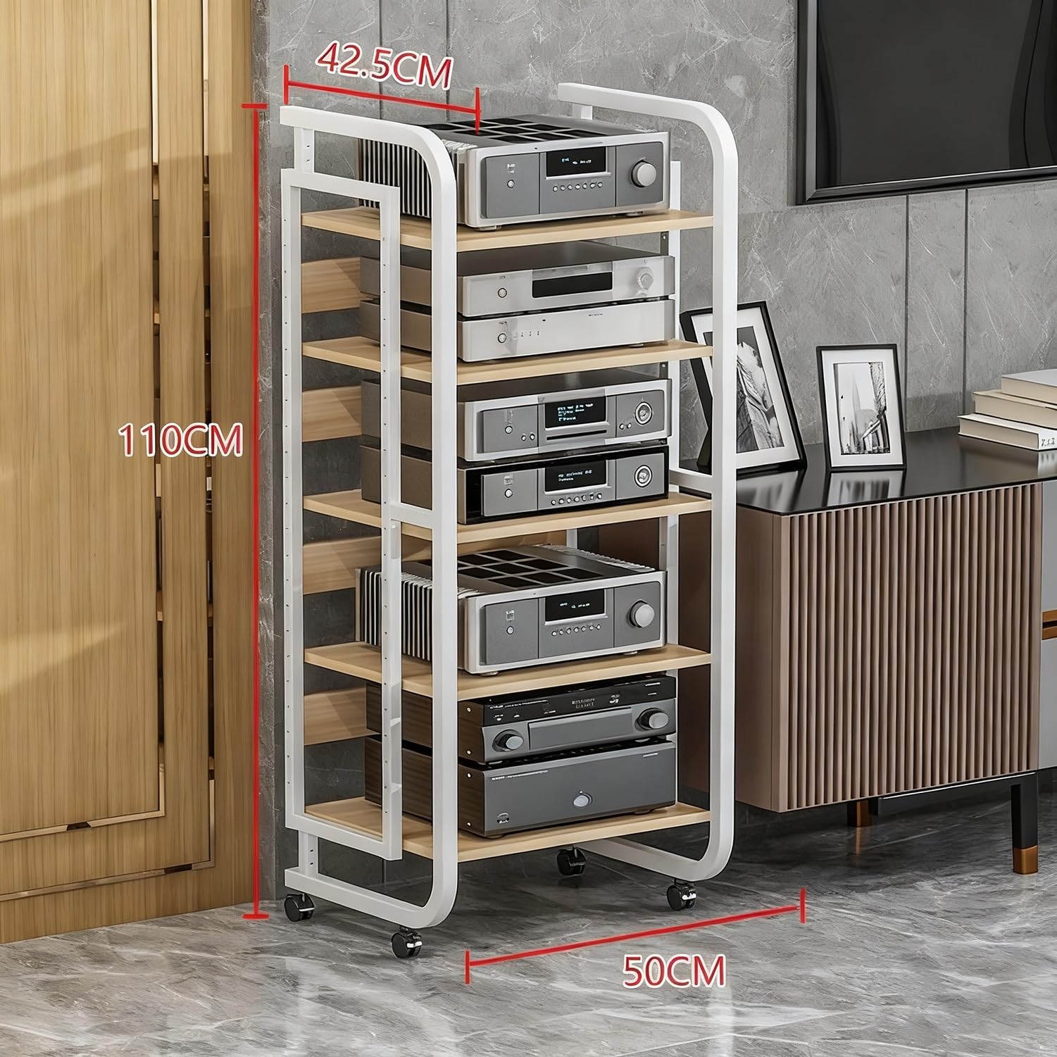 Stojak na sprzęt audio-wideo HiFi, 3/4/5-poziomowy stojak na komponenty audio z kółkami i regulowanymi drewnianymi półkami, szafka na sprzęt audio ze stalową ramą do kina domowego (czarny, 50 x 4