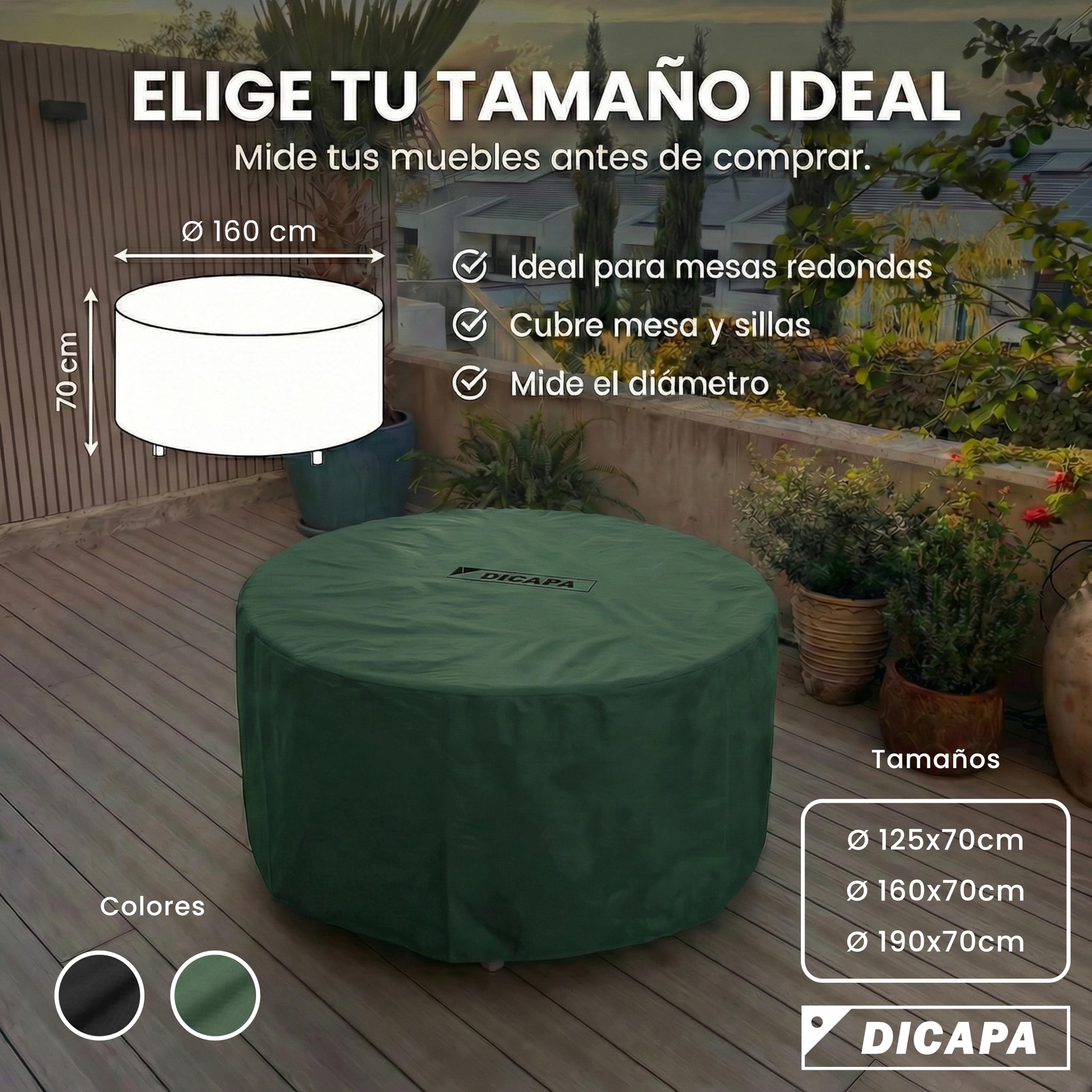 DICAPA Funda Mesa Exterior Impermeable Redonda, Ø160x70cm Verde, Protege tu Mesa de jardín Todo el año