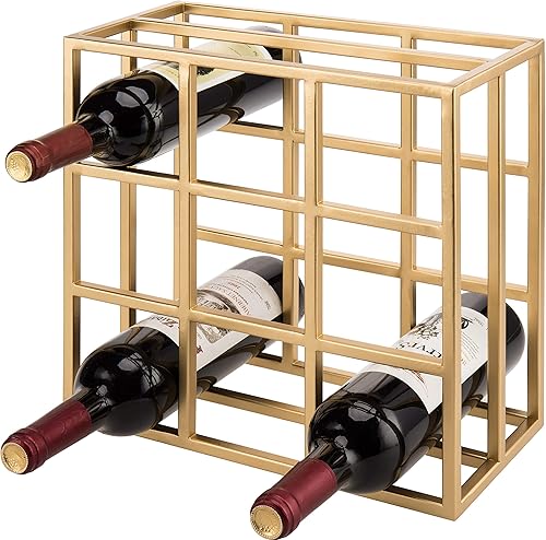 Miniatura 1 de MyGif Estante de vino de latón para 9 botellas, soporte de mesa de metal moderno, almacenamiento horizontal para cocina, bar y comedor, decoración