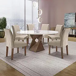 Conjunto Mesa Barcelona 120cmx120cm 6 Cadeiras Espanha Tampo Plus Redondo Vidro Yescasa Chocolate/Off White/Bege