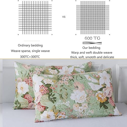 Miniatura 3 de FADFAY Juego de funda de edredón floral, tamaño Queen, 100% algodón, ropa de cama vintage desgastada de 600 hilos, verde menta, flores blancas,
