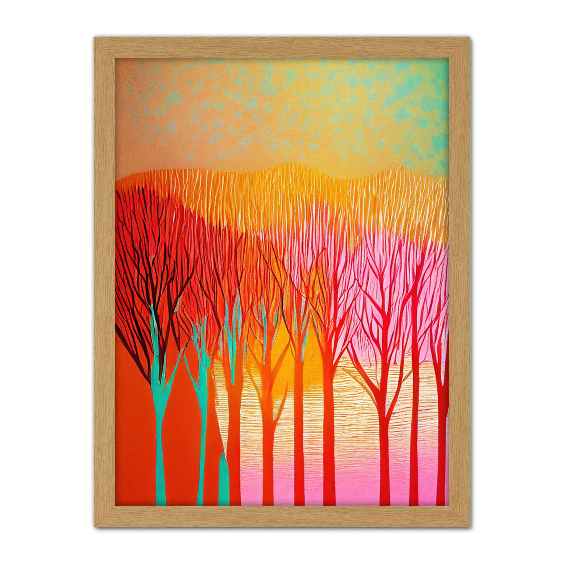Doppelganger33 LTD Forest Treetops Linocut Illustration Vibrant Bold Artwork Framed Wall Art Print 18X24 Inch