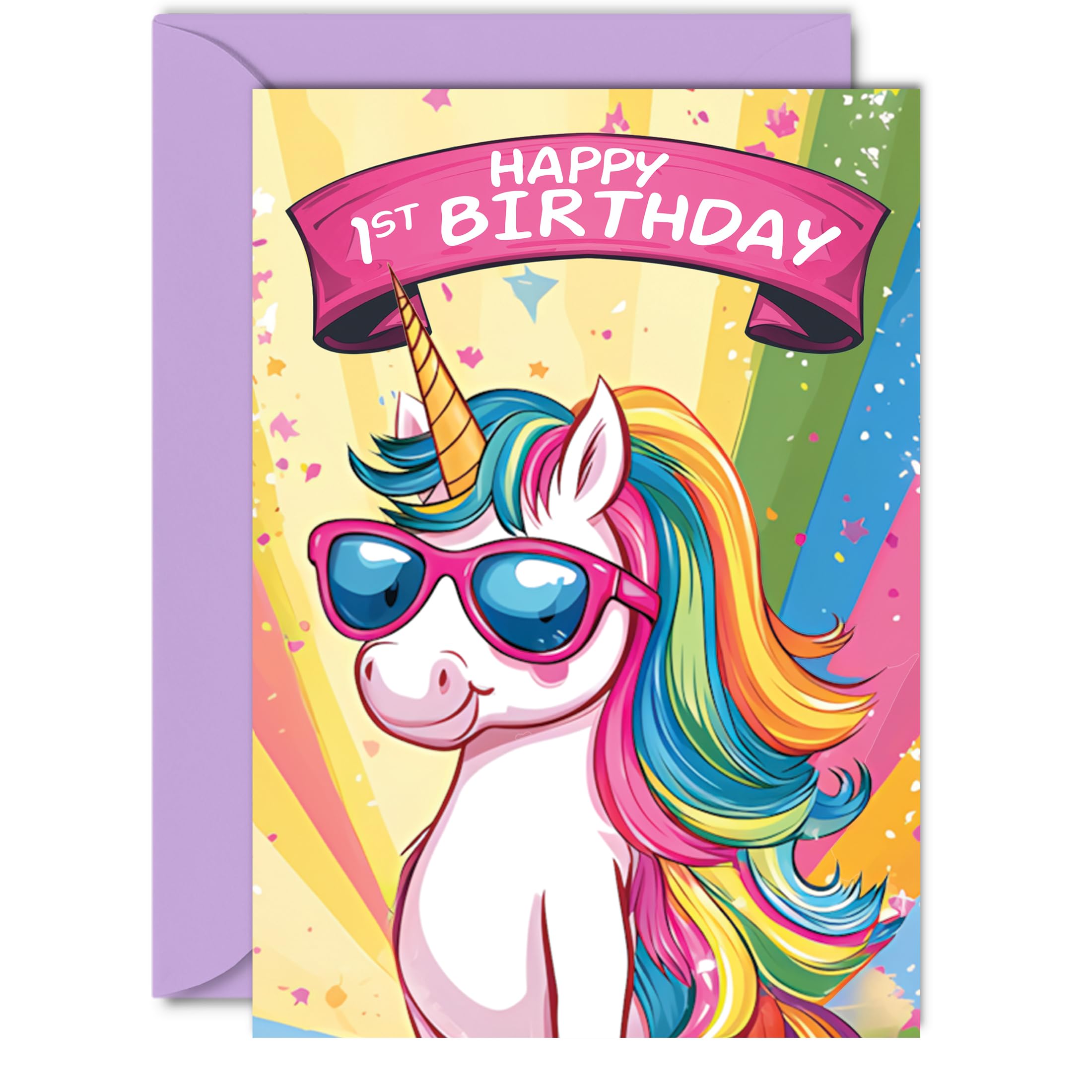 1st Birthday Card - Cool Unicorn Sunglasses - Unicorn Birthday Card for 1 Year Old Girl, Age 1 Birthday Cards First Birthday Card, A5 Cute Greeting Card