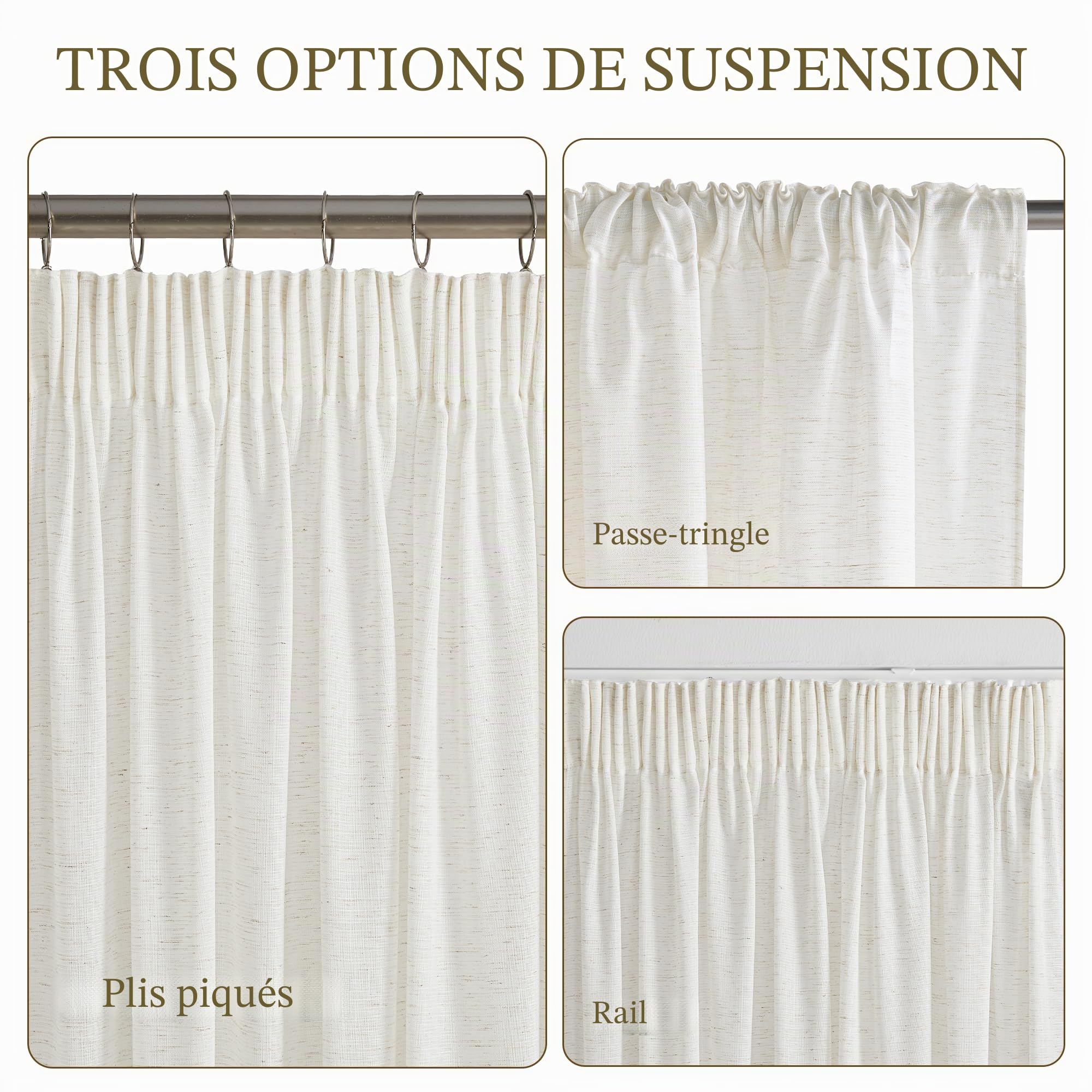 KGORGE Rideaux Voilages Lin Grande Largeur Semi-Transparent Ivoire | L300xH240cm, 1 Panneau, Galon Fronceur, Passe Tringle, Intérieur, Translucide, pour Porte Fenêtre Salon Chambre, Boho Chic