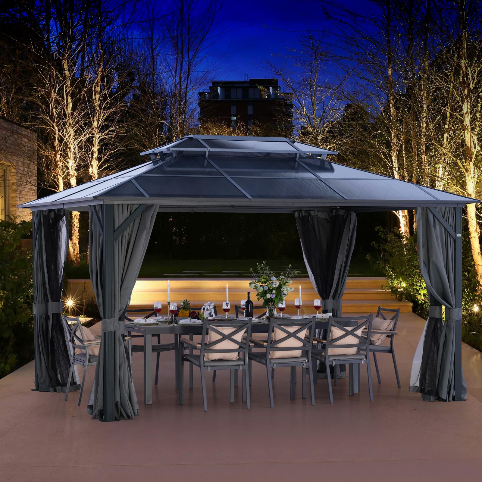 LeDoasis 10' X 13' Hardtop Gazebo, Outdoor Permanent Polycarbonate Double Roof Canopy with Breathable Netting & Privacy Curtain for Patio Backyard Garden Lawn Party