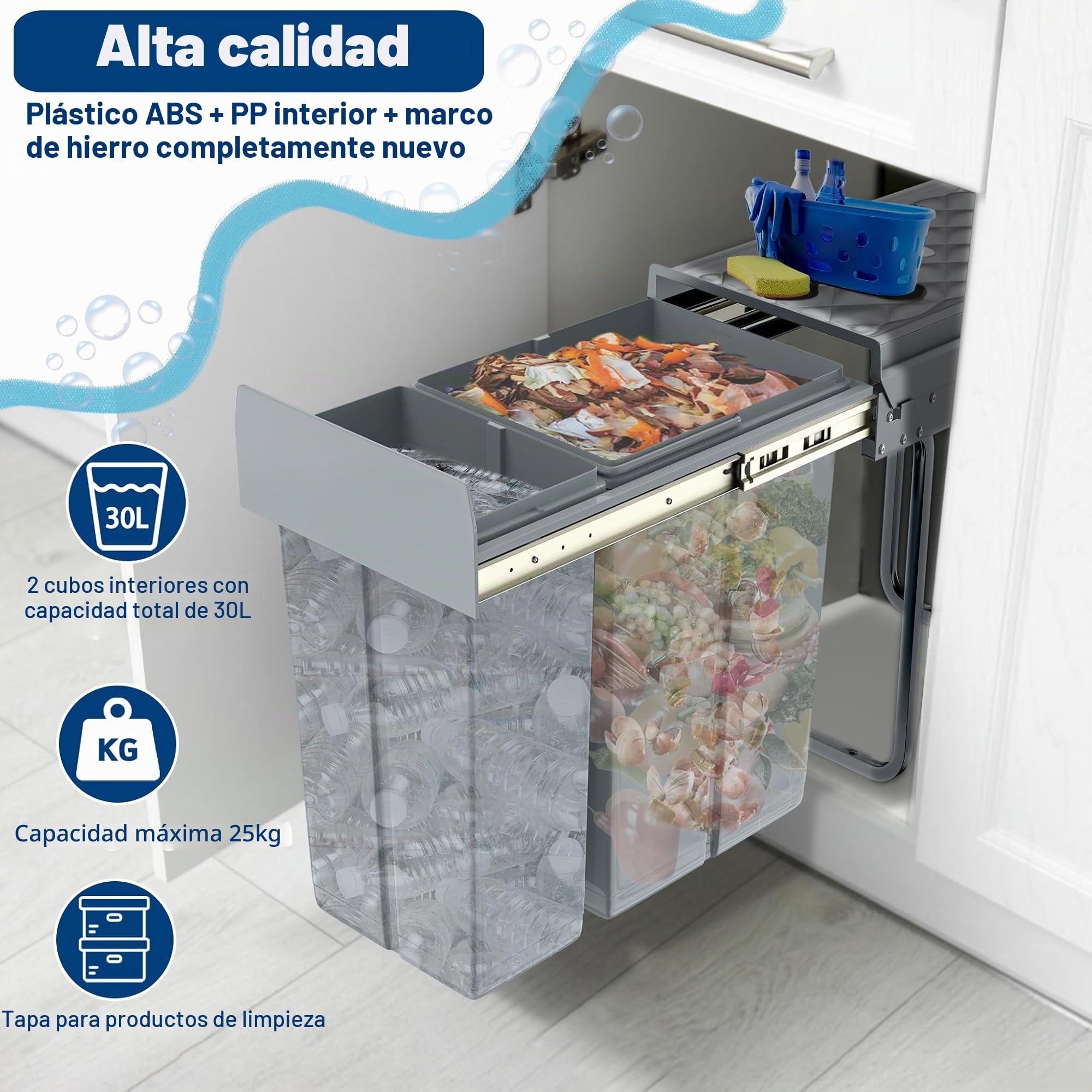Froadp Basurero de Cocina Integrado, Cubo de Basura Extensible, 2 Compartimentos, Sistema de Separación de Basura, Salida Completa con Guías Telescópicas 48 x 26 x 41,8 cm - 1x20L+1X10L