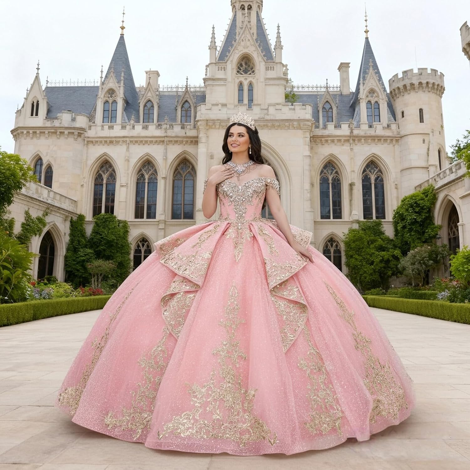 Zhangyo Off Shoulder Quinceanera Dresses with Bow Puffy Tulle Sweet 15 16 Dress with Train Gorgeous Tassel Applique Ball Gown