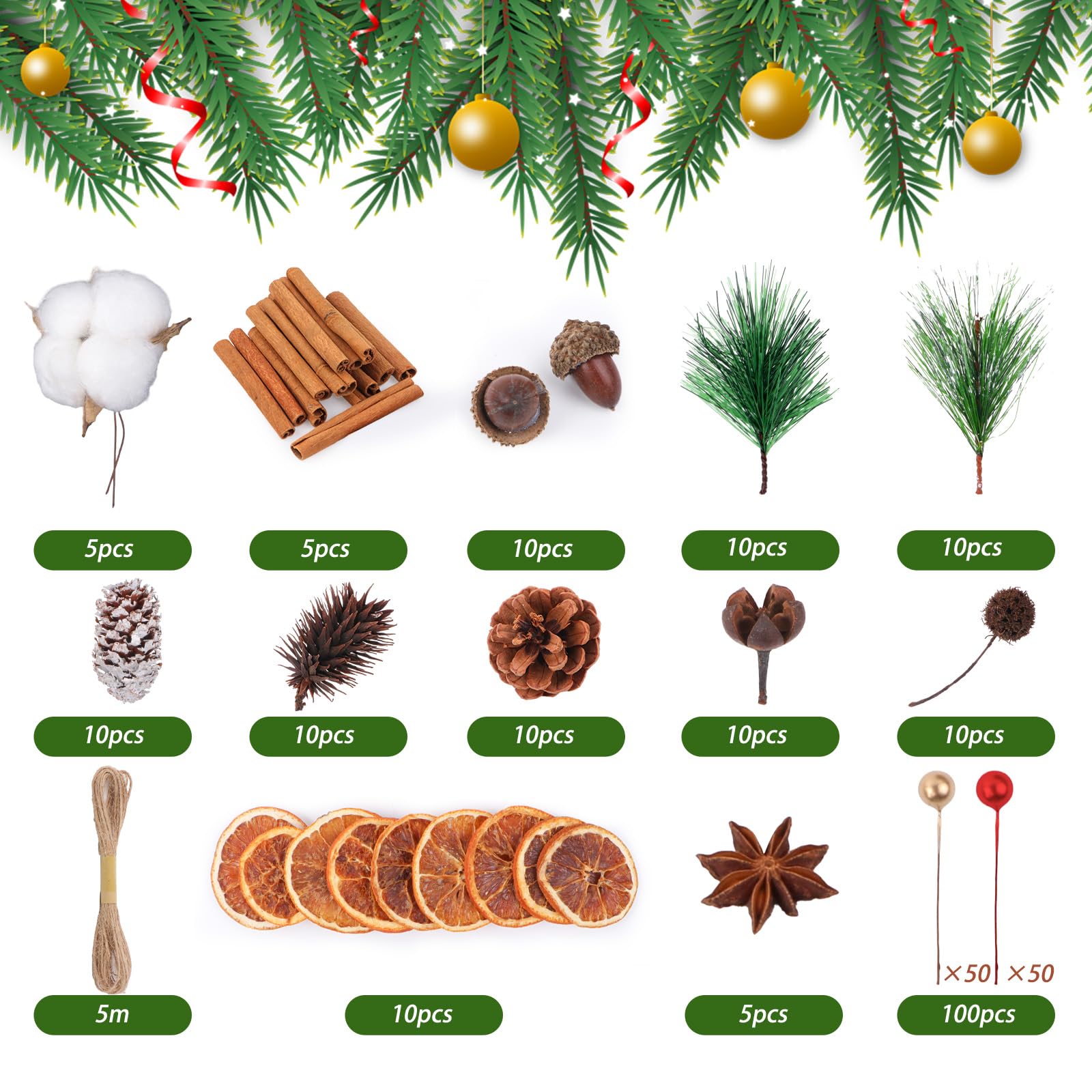 Set di 170 pezzi per corona di Natale - Accessori per corona dell'Avvento con cotone, fette di arancia essiccate, bastoncini di cannella, anice stellato, noci, pigne, bacche, rami di abete