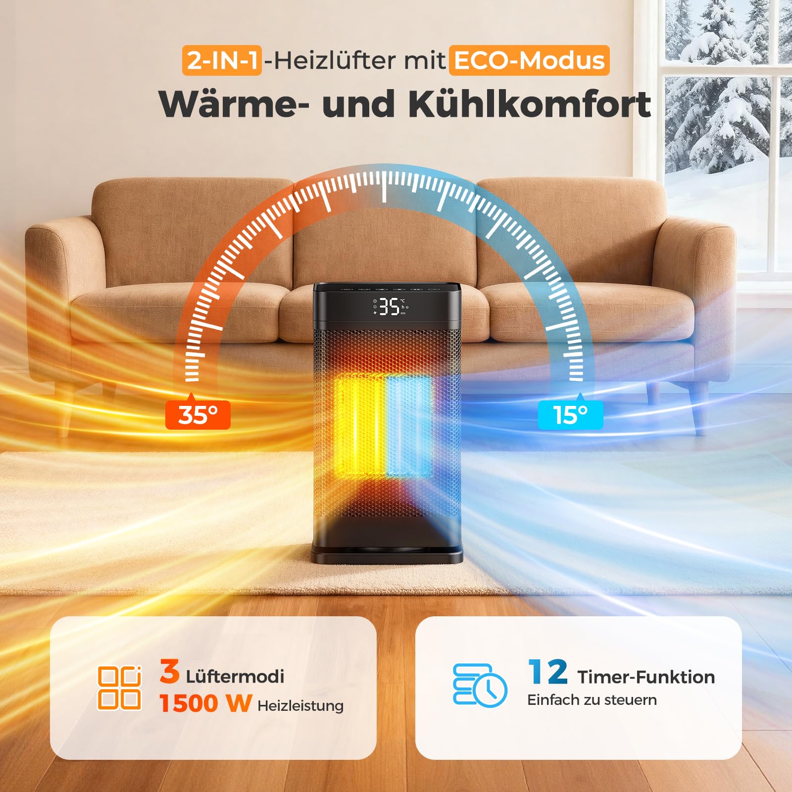 Elektrische kachel met een vermogen van 500 tot 1000 watt met Regelbare thermostaat kop