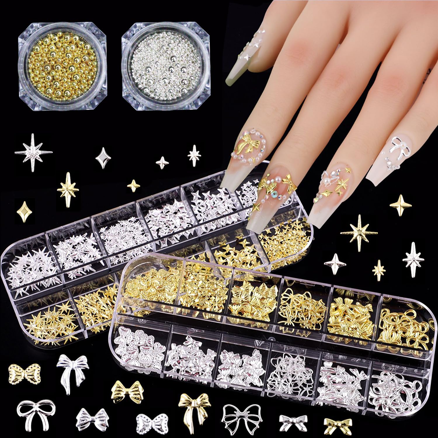 4 Boxes Nail Charms Star Bow Y2k Gold Silver Nail Art Beads Studs Metallic Nail Jewelry Decorations Sparkly Gems Manicure Supplies Accessories for Women DIY Craft