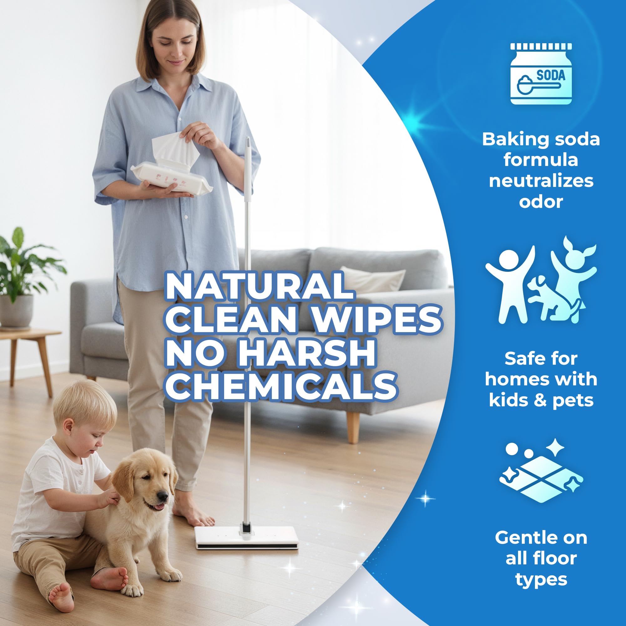 Hands-Free Flat Floor Mop & Sweeper - Foot-Tap Lock System Compatible with Most Pads - 360 Swivel & Adjustable Aluminum Handle - Includes Baking Soda Wet Wipes & 3D Microfiber Cloth — view 6
