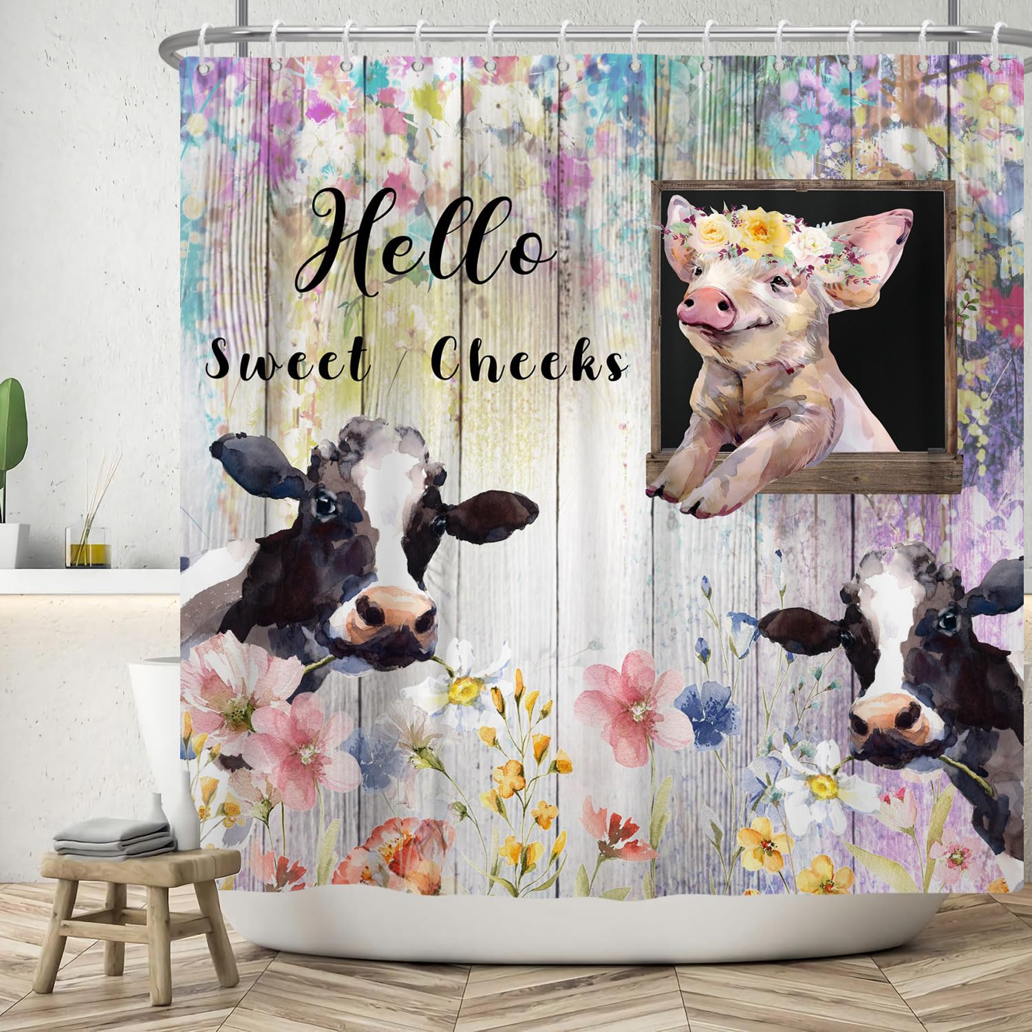 ASDCXZ Funny Shower Curtain 120x200 cm, Watercolor Funny Dairy Pig Colorful Flowers Retro Wood Grain Bath Washable Shower Curtains Polyester Textile Waterproof Bath Curtain for Bathtub with 8 Hooks โ image 1