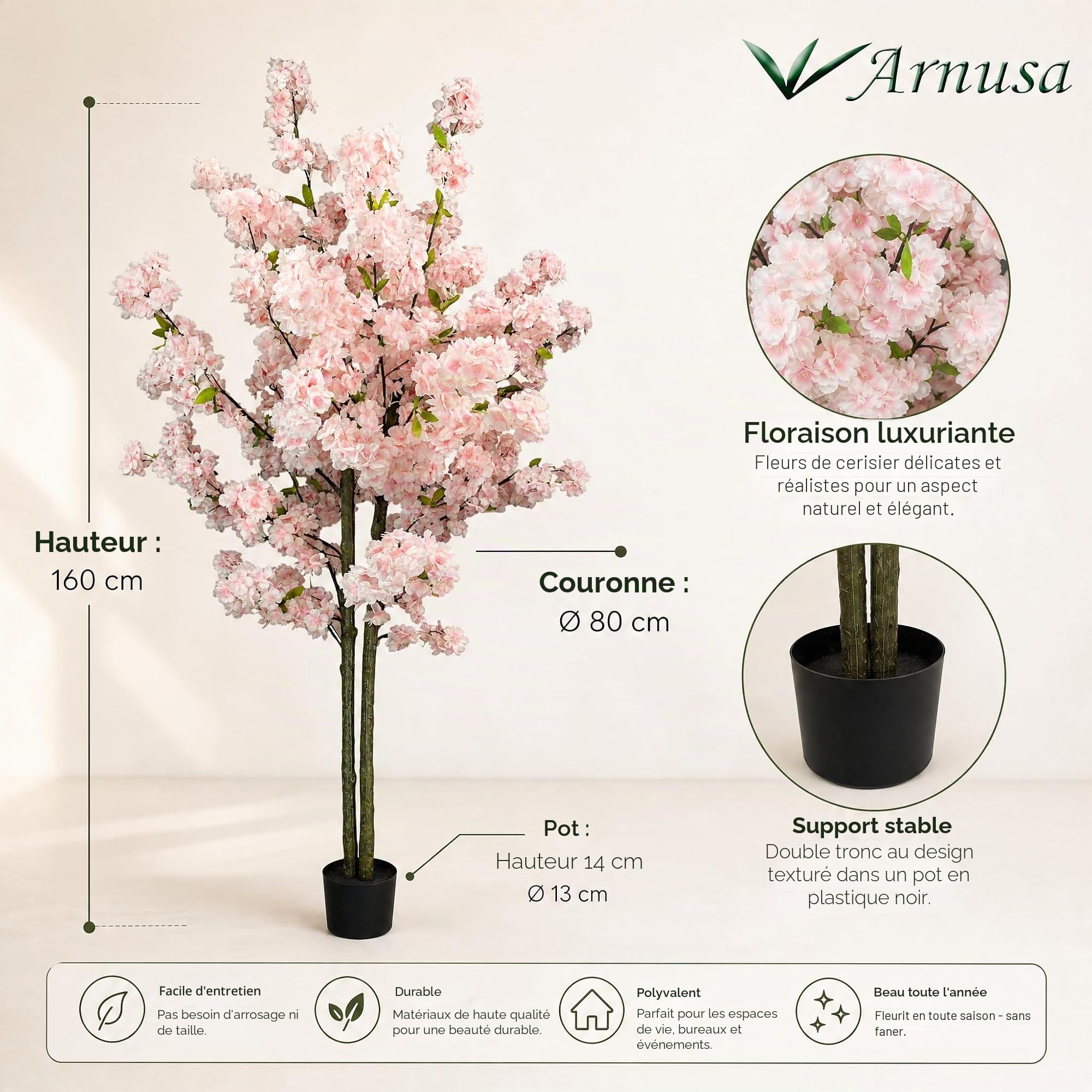Arnusa Plante artificielle Cerisier Arbre Artificiel Rose 160 cm