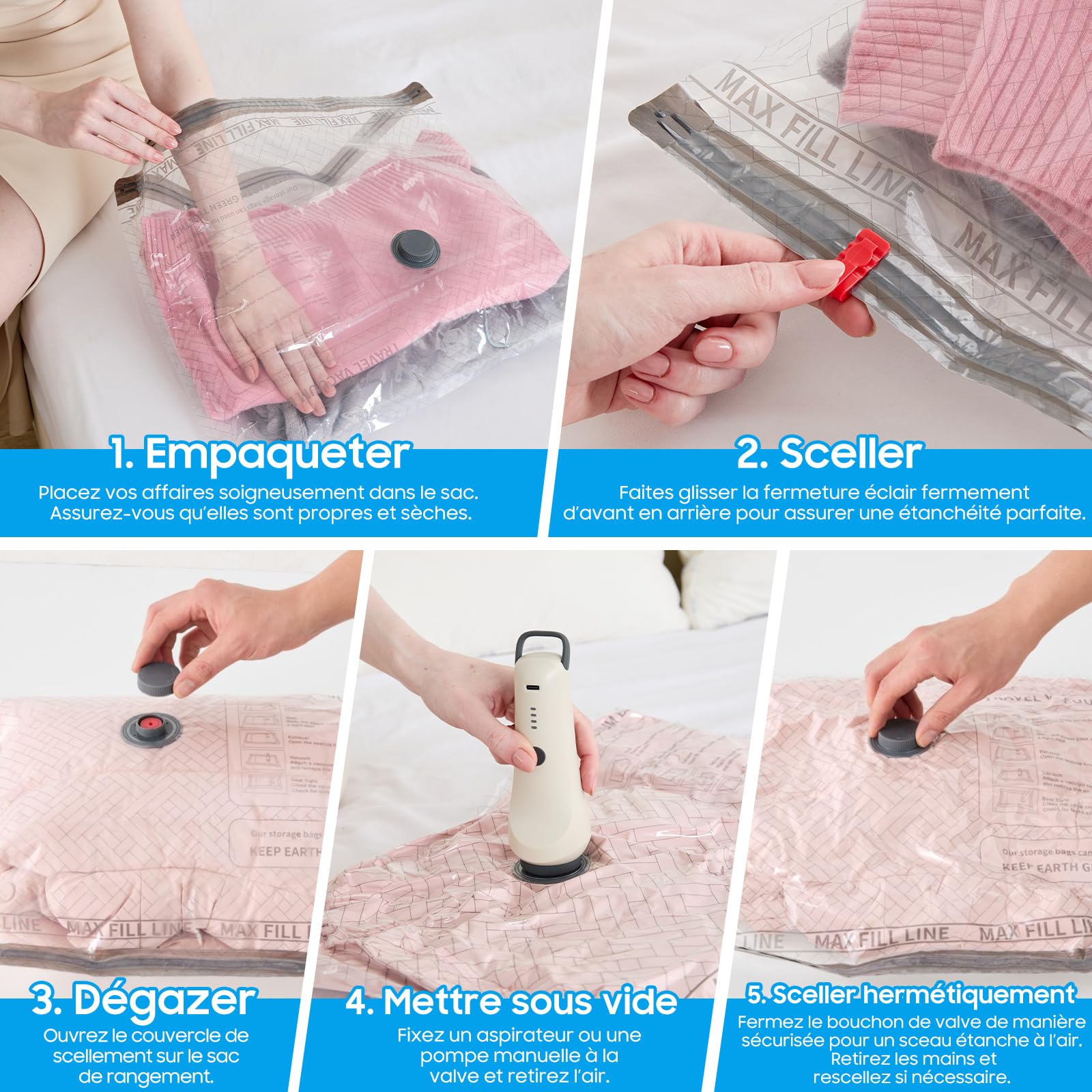 Sacs de compression pour vêtements avec pompe à vide sans fil, idéals pour le rangement gain de place à la maison et en voyage - Lot de 15 sacs (5x 40x50 cm, 5x 40x60 cm, 5x 50x60 cm)