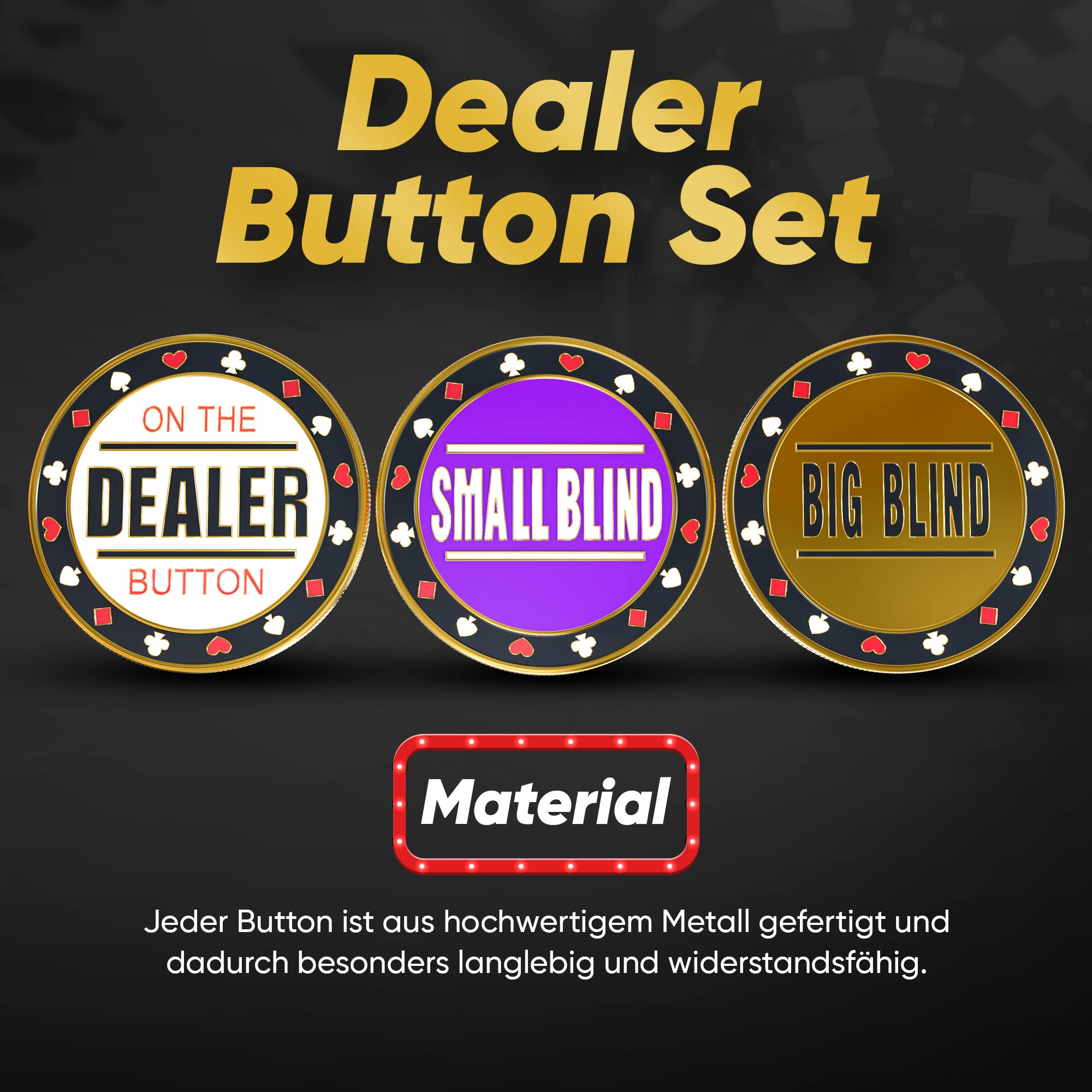 Wortek Edles Poker Button Set - Zestaw metalowych guzików Dealera wraz z pokrowcem ochronnym - Big Blind and Small Blind Button - Pomysł na prezent na kalendarz adwentowy 2024 - Akcesoria do pokera