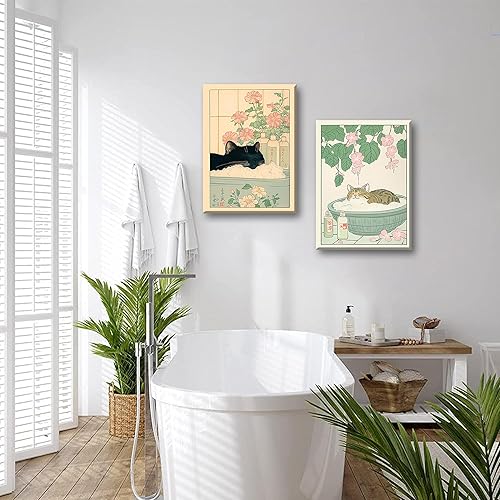 Miniatura 3 de Juego de 2 arte de pared de gato japonés para baño, divertido gato negro en la bañera, pinturas de decoración de pared lindo atigrado de gato